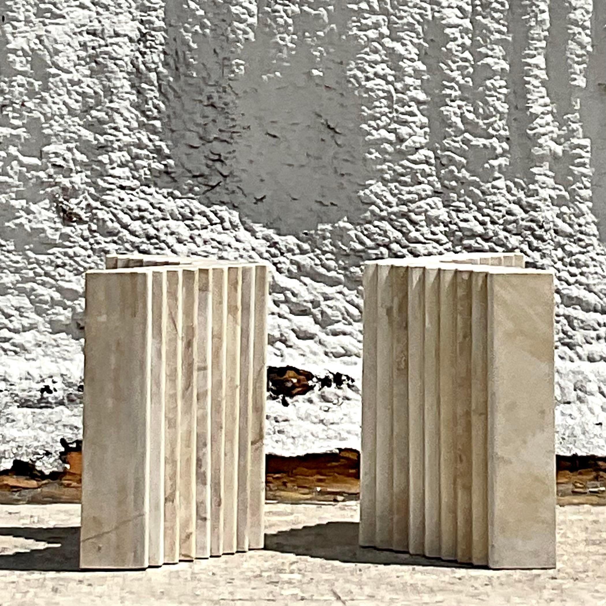 Glass Vintage Boho Stacked Marble Coffee Table Pedestals, a Pair