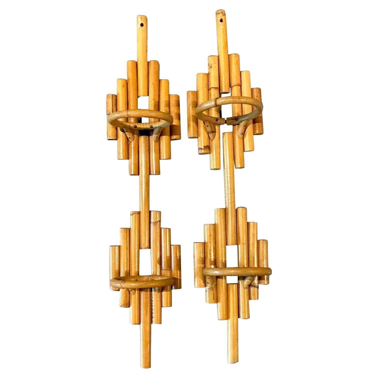 Vintage Boho Stacked Rattan Wall Plant Holders - A Pair For Sale