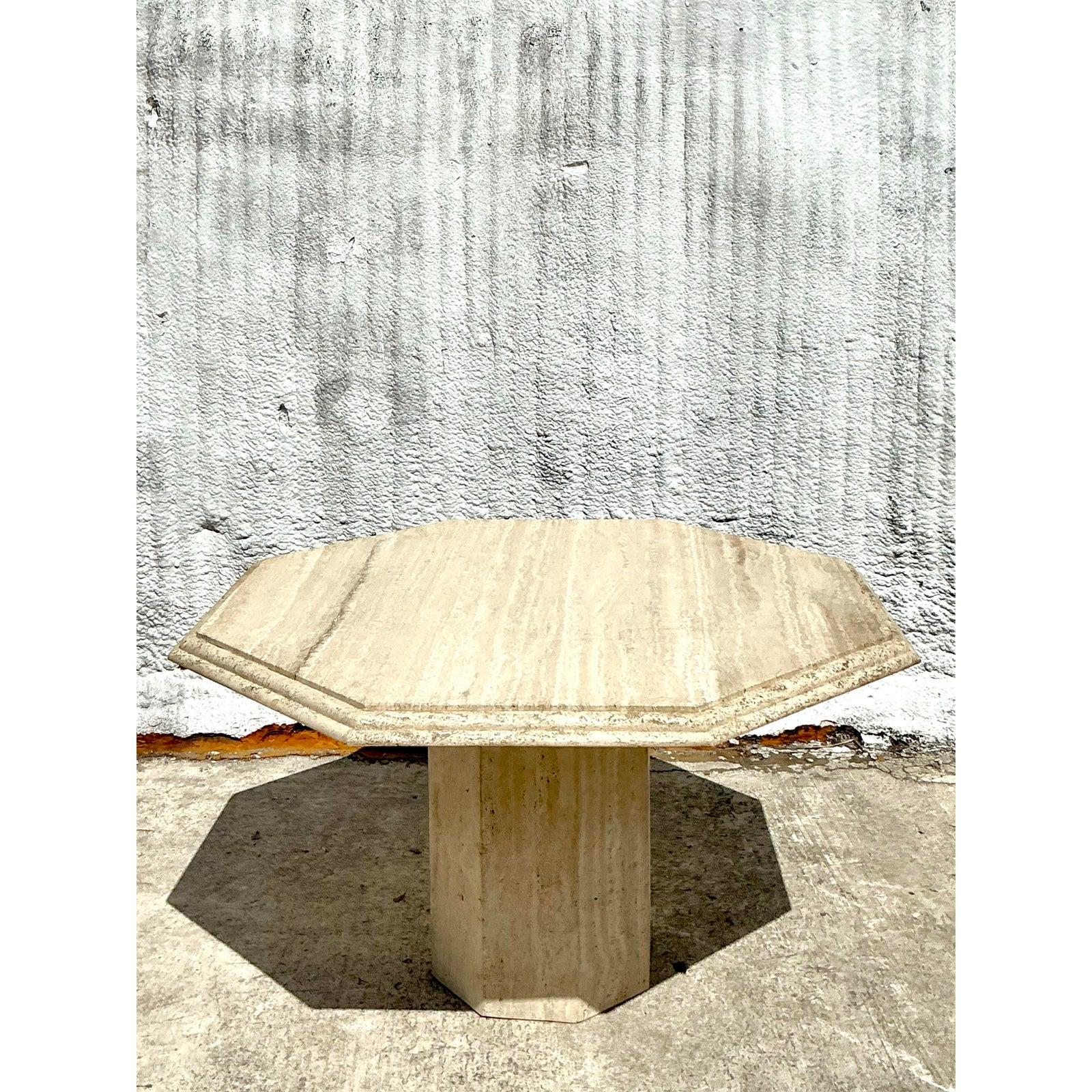 20ième siècle Table de salle à manger octogonale en travertin empilé Boho Vintage en vente