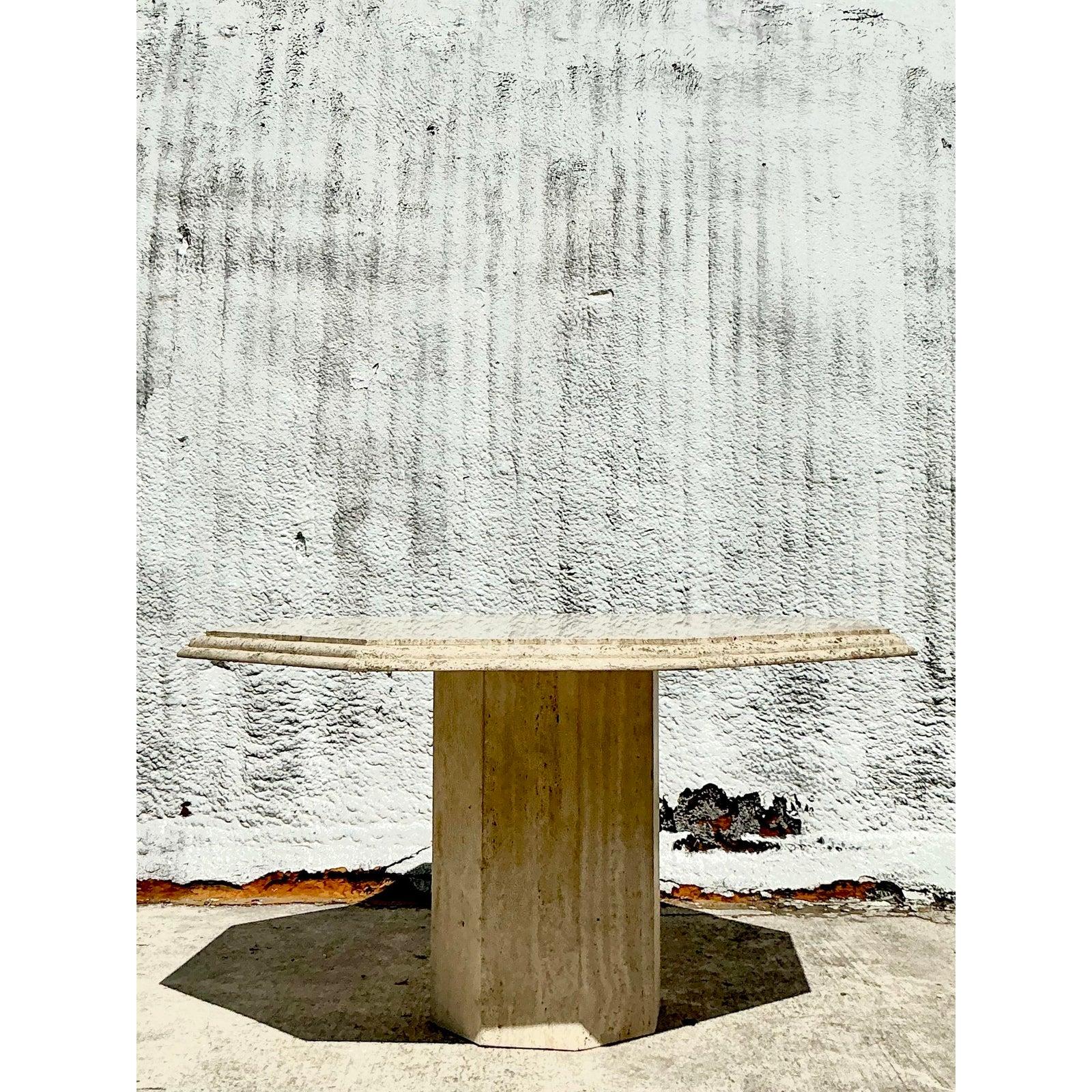 Travertin Table de salle à manger octogonale en travertin empilé Boho Vintage en vente