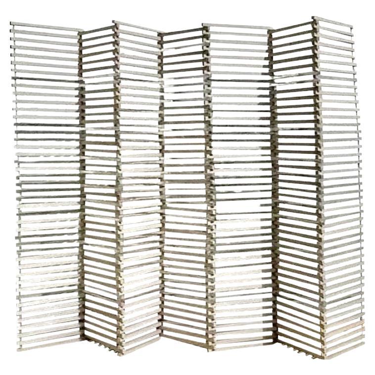 Vintage Boho Stacked Wood and Chrome Folding Screen
