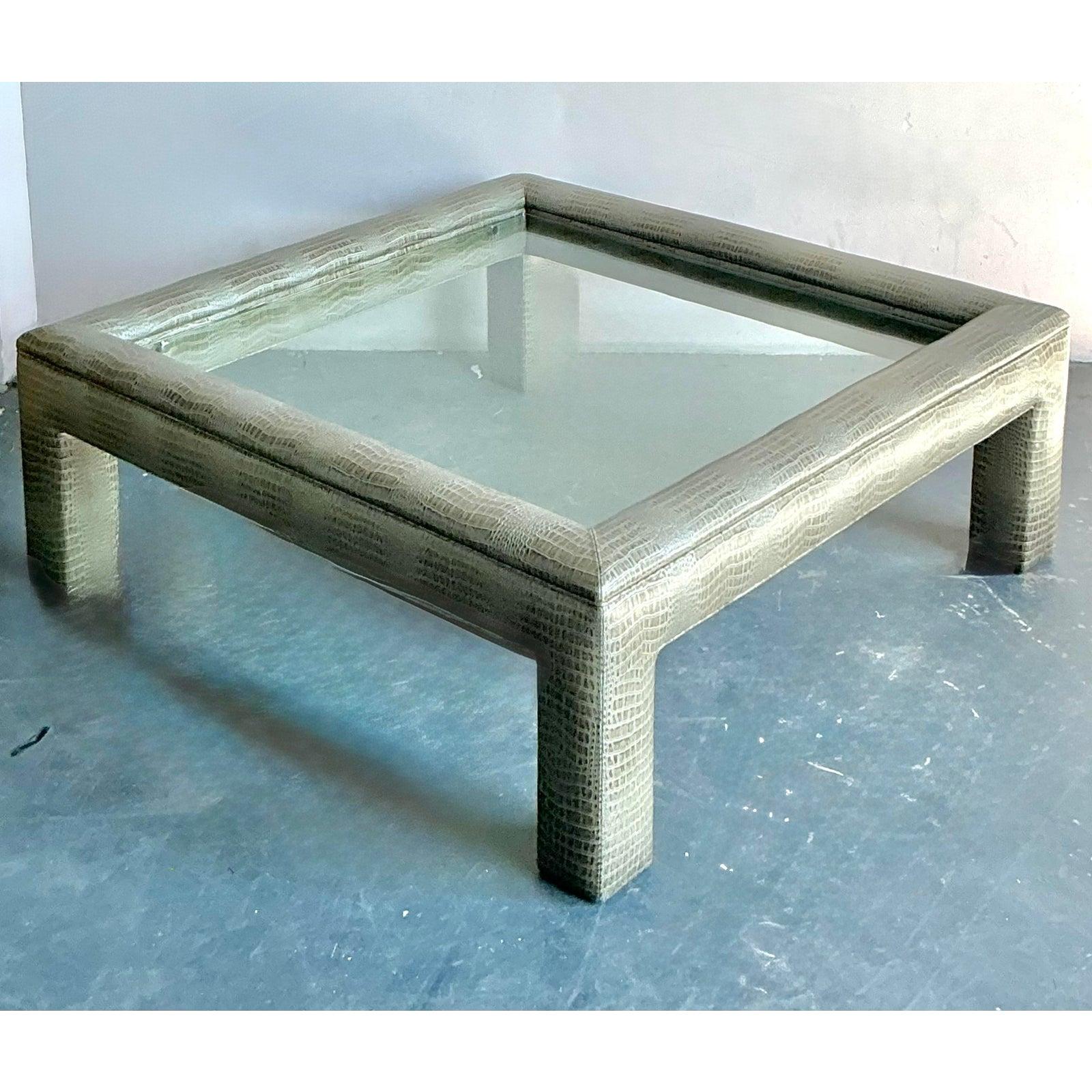 Hollywood Regency Vintage Boho Stamped Croco Coffee Table For Sale
