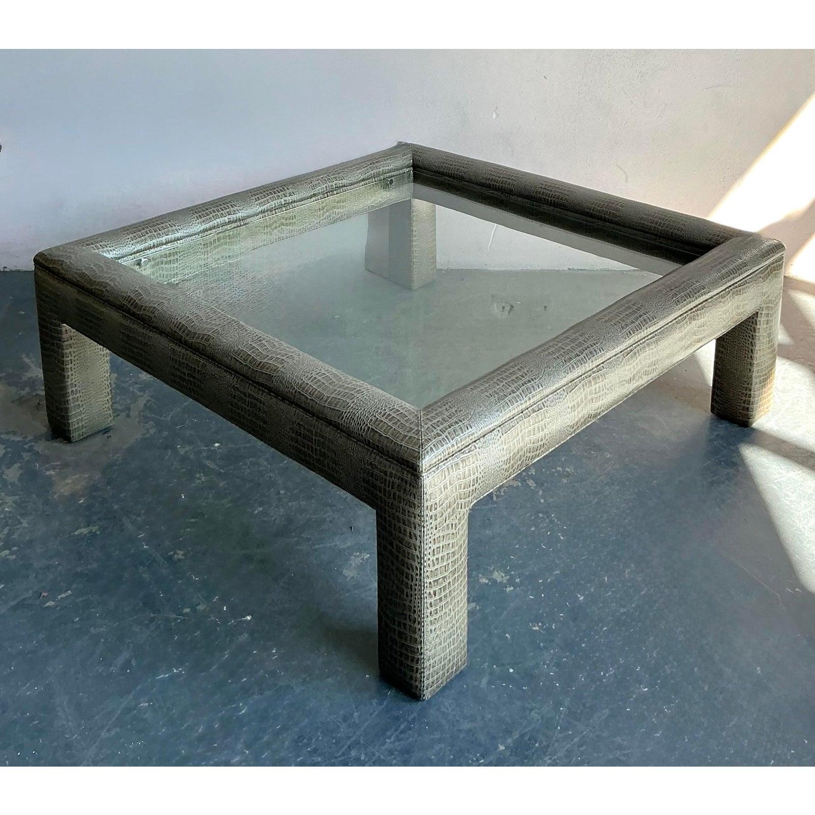 Vintage Boho Stamped Croco Coffee Table In Good Condition For Sale In West Palm Beach, FL