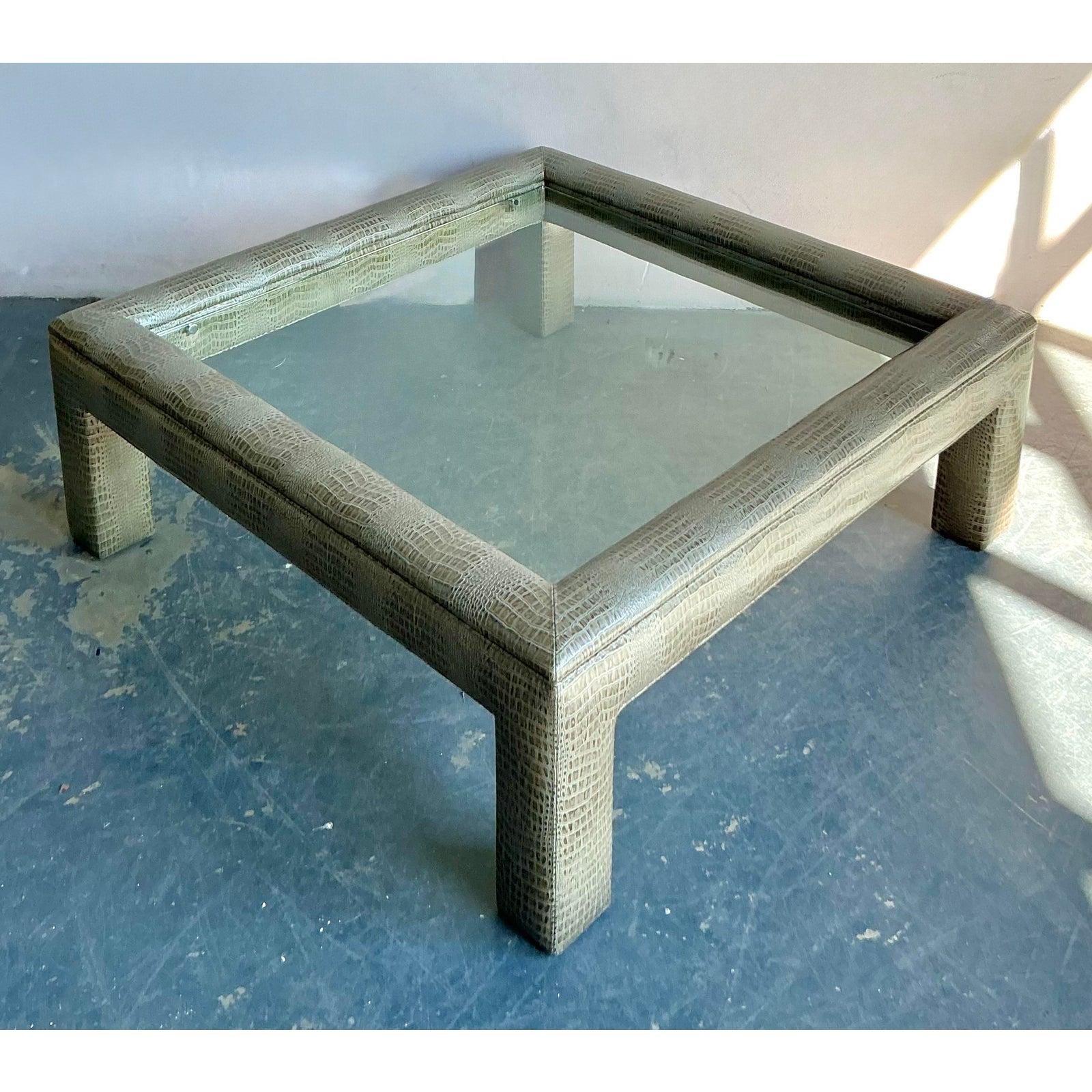 20th Century Vintage Boho Stamped Croco Coffee Table For Sale