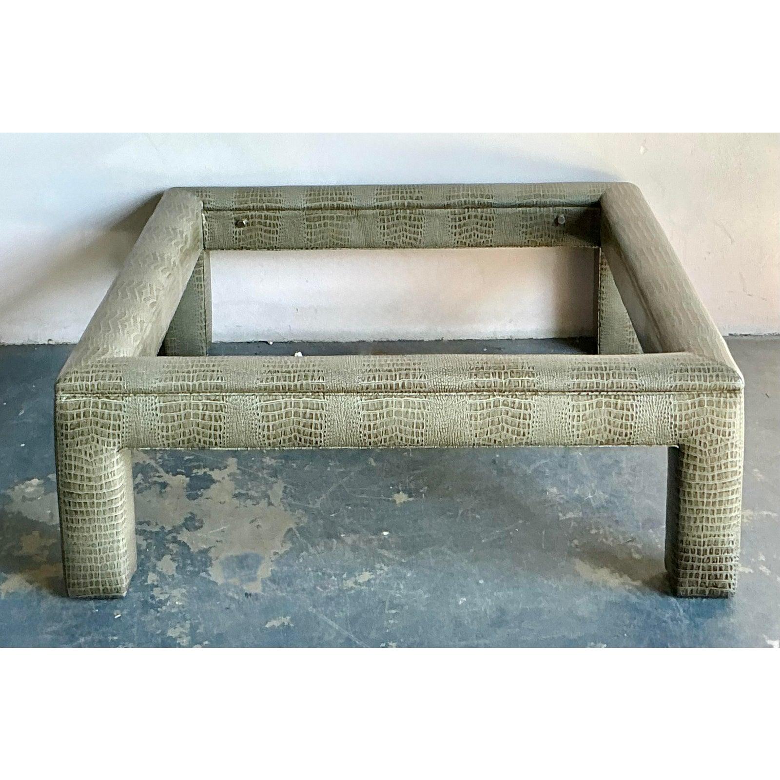 Faux Leather Vintage Boho Stamped Croco Coffee Table For Sale