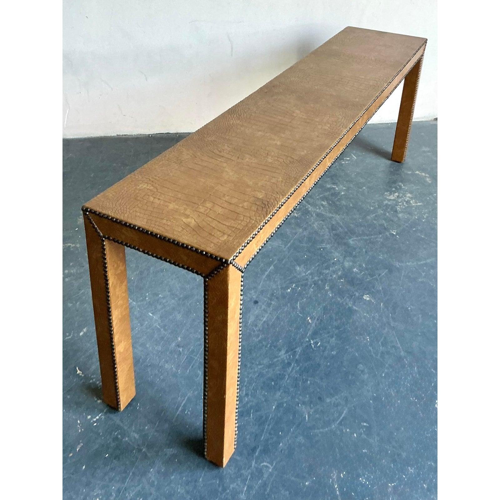 Hollywood Regency Vintage Boho Stamped Crocodile Console Table For Sale