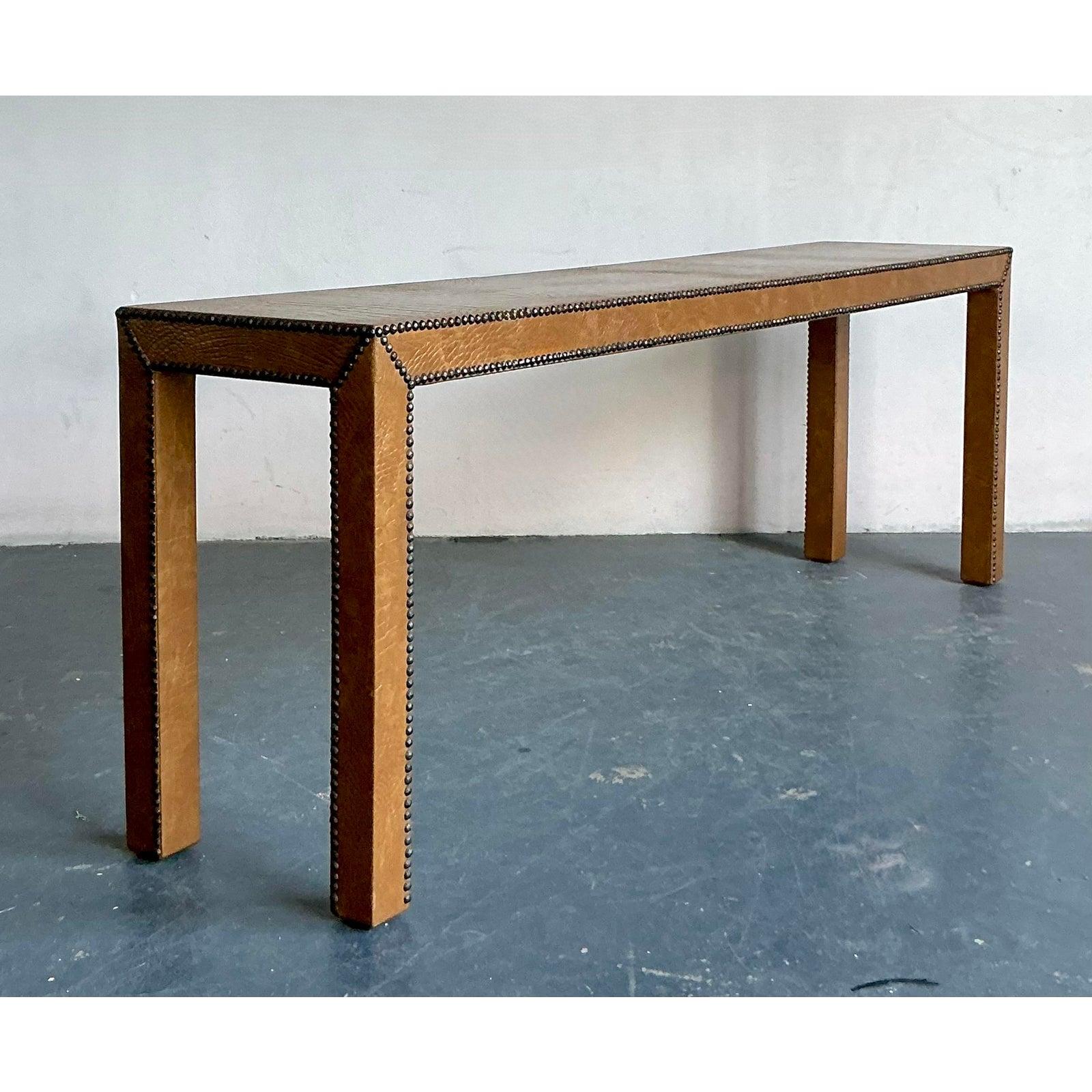 20th Century Vintage Boho Stamped Crocodile Console Table For Sale