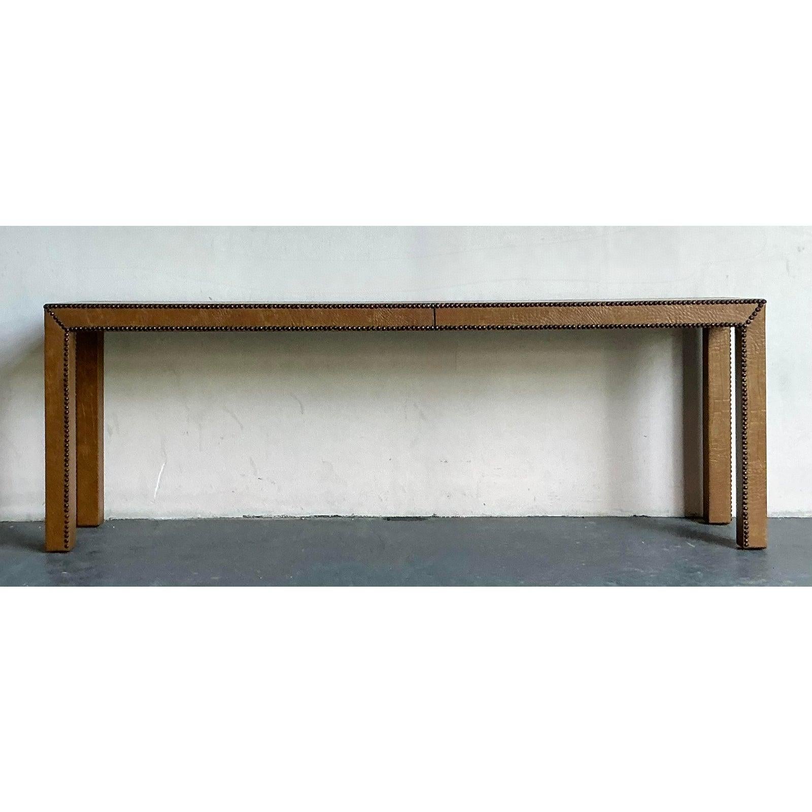 Leather Vintage Boho Stamped Crocodile Console Table For Sale