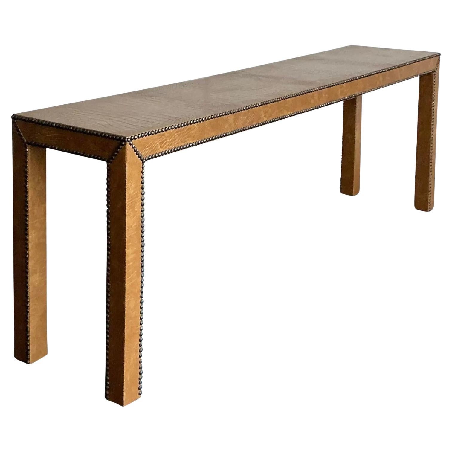 Vintage Boho Stamped Crocodile Console Table For Sale