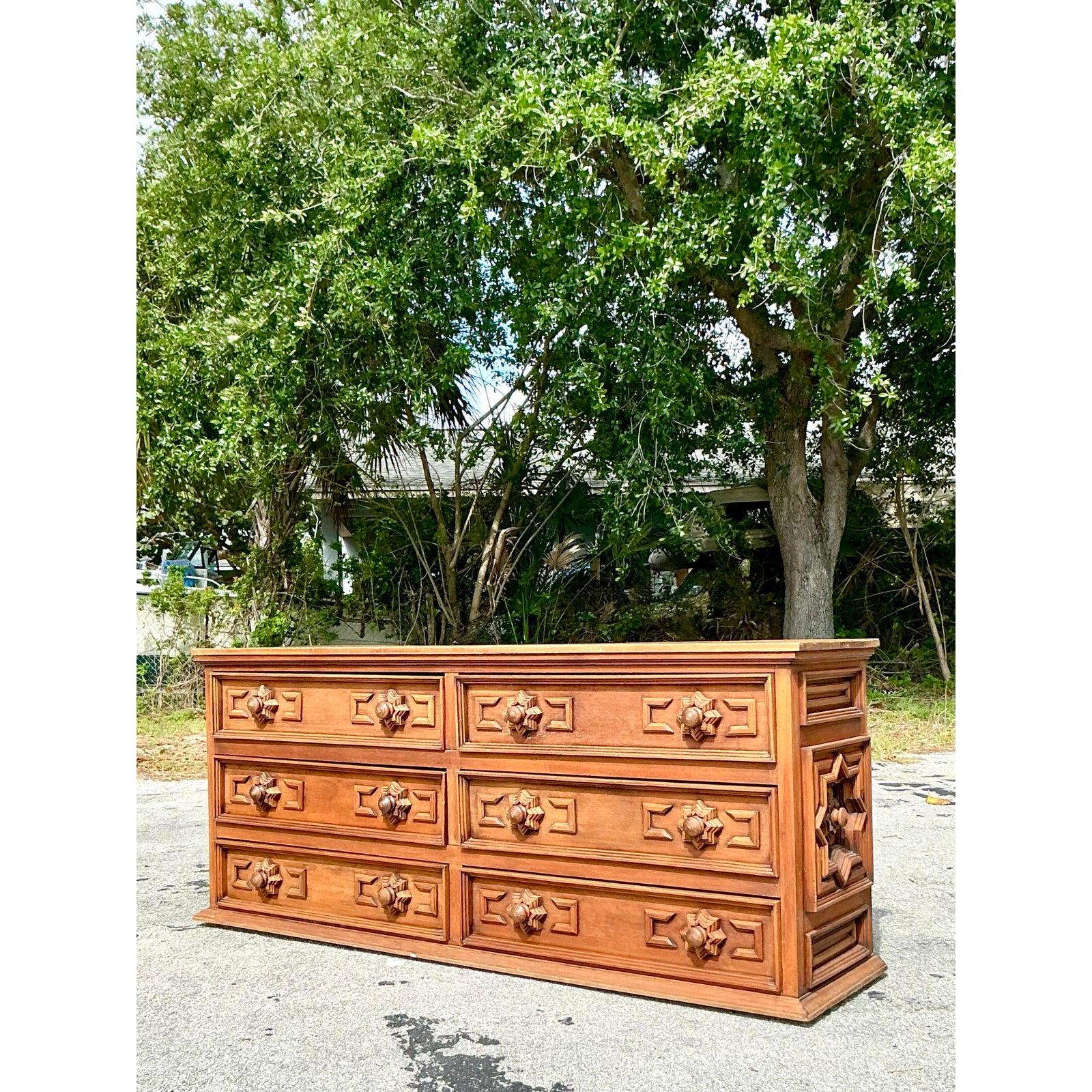 Legno Comò a 6 cassetti con motivo a stelle Boho Vintage in vendita
