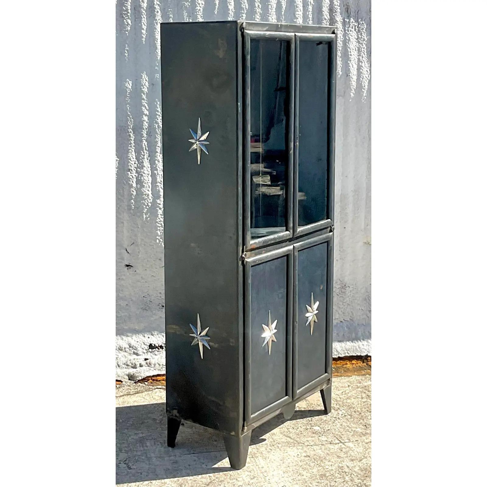 Vintage Boho Steel Silver Star Cabinet In Good Condition In west palm beach, FL