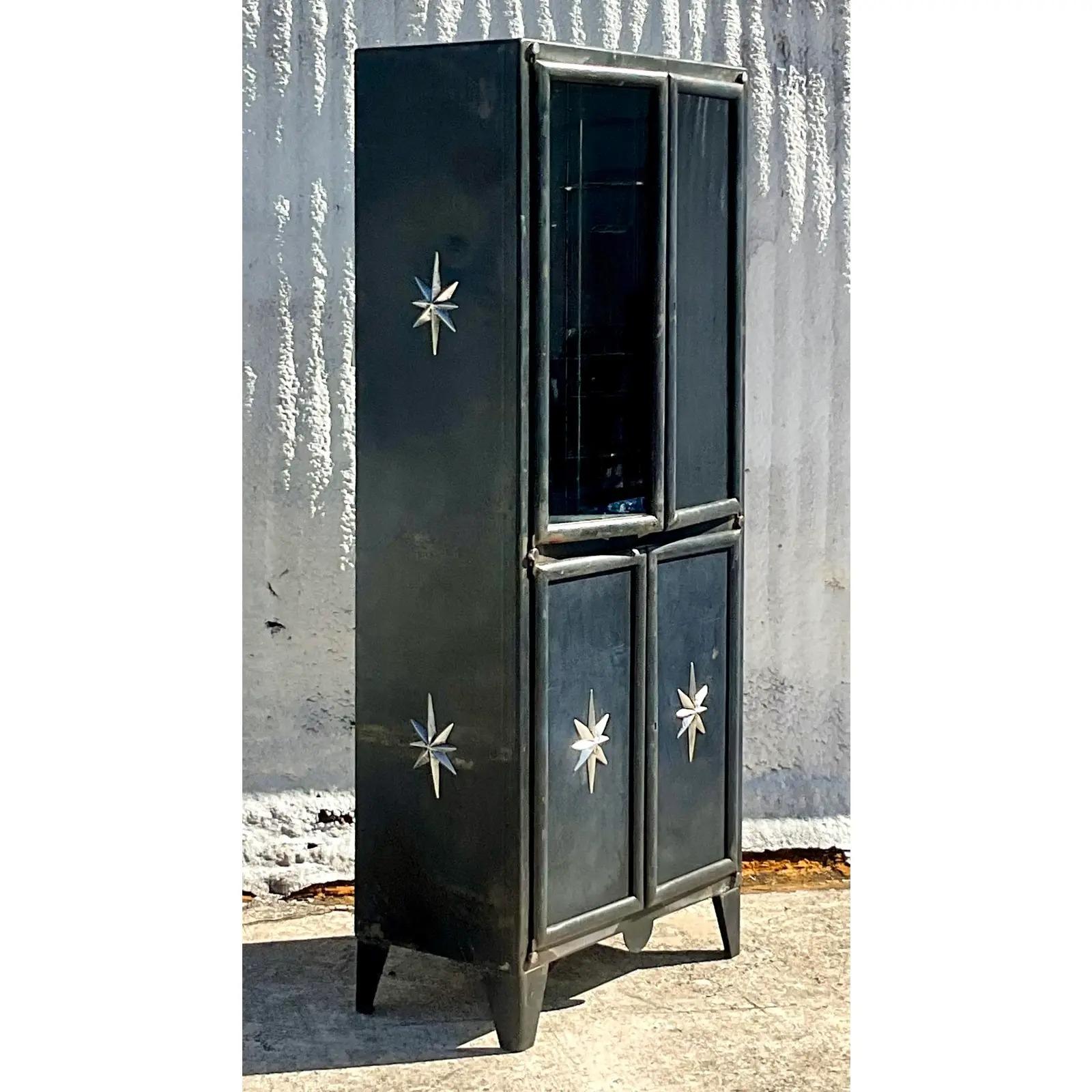 20th Century Vintage Boho Steel Silver Star Cabinet