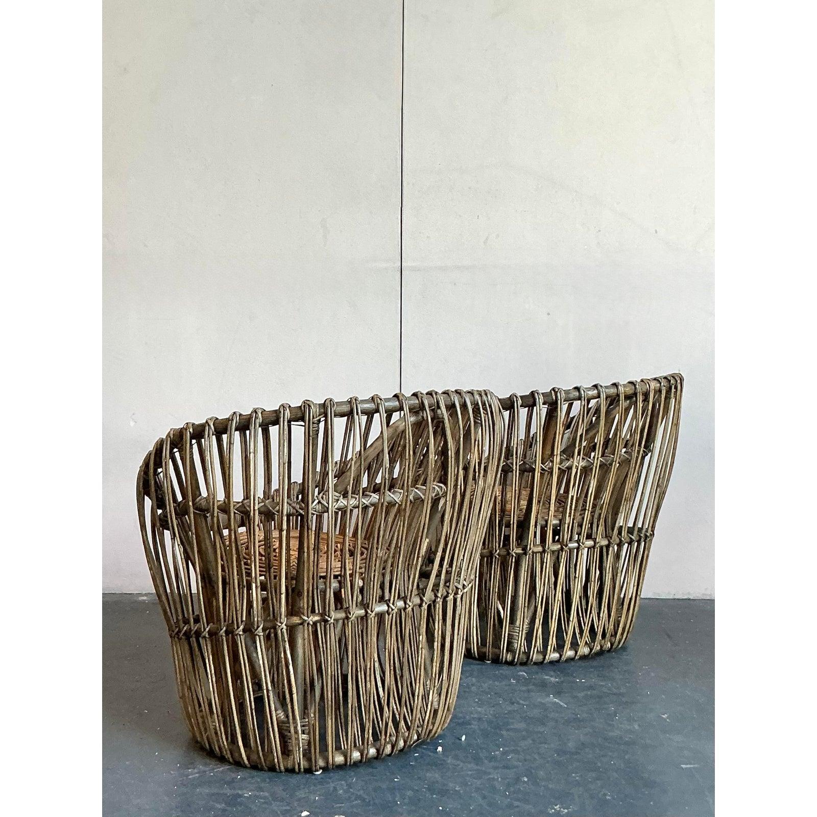 Mid-Century Modern Vintage Boho Stick Rattan Nest Chairs - A Pair For Sale