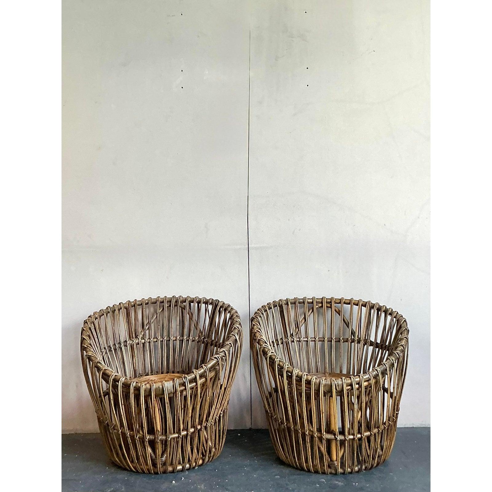 Philippine Vintage Boho Stick Rattan Nest Chairs - A Pair For Sale