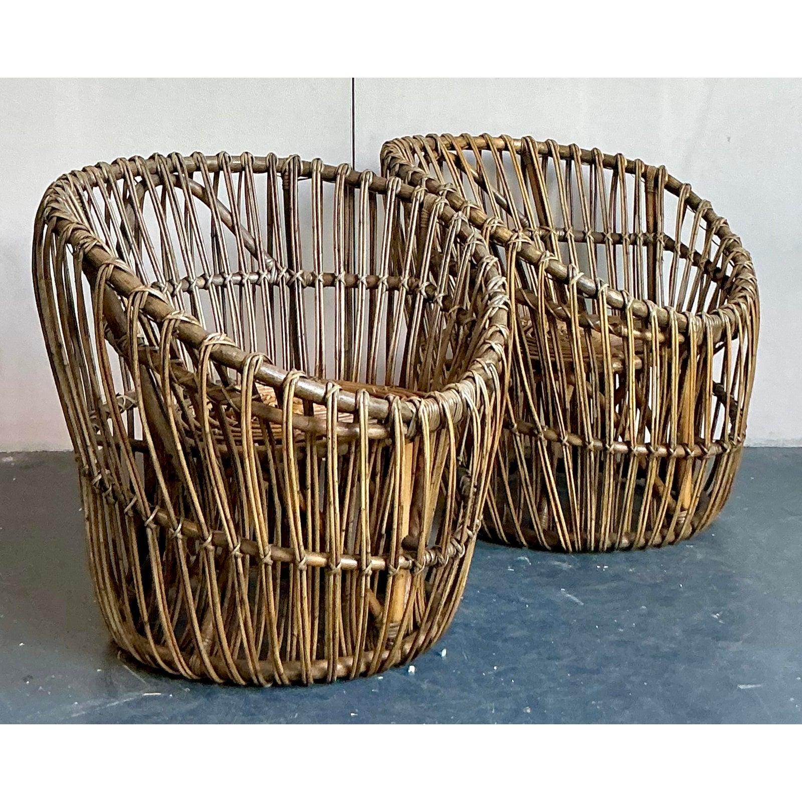 Vintage Boho Stick Rattan Nest Chairs - A Pair In Good Condition For Sale In West Palm Beach, FL
