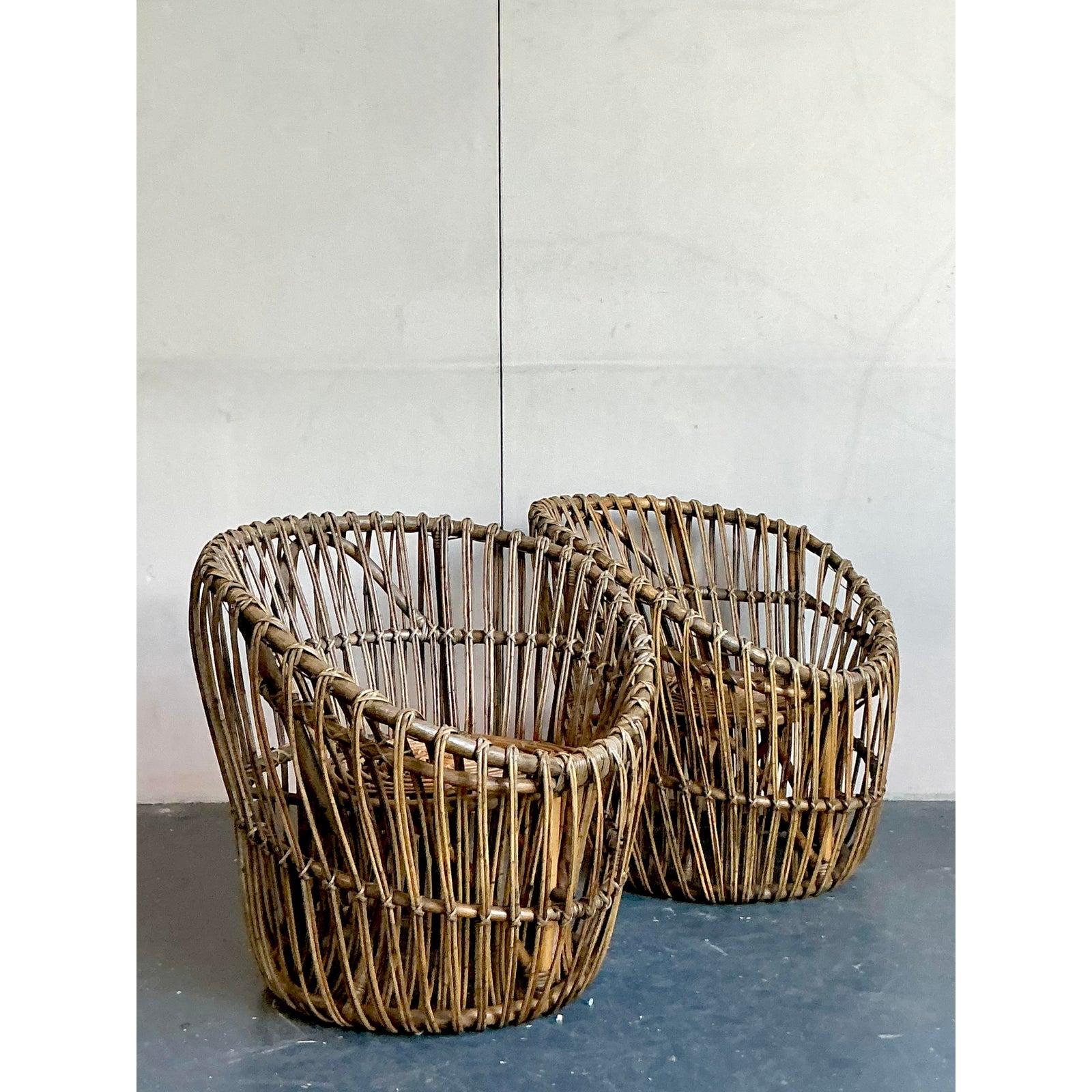 20th Century Vintage Boho Stick Rattan Nest Chairs - A Pair For Sale