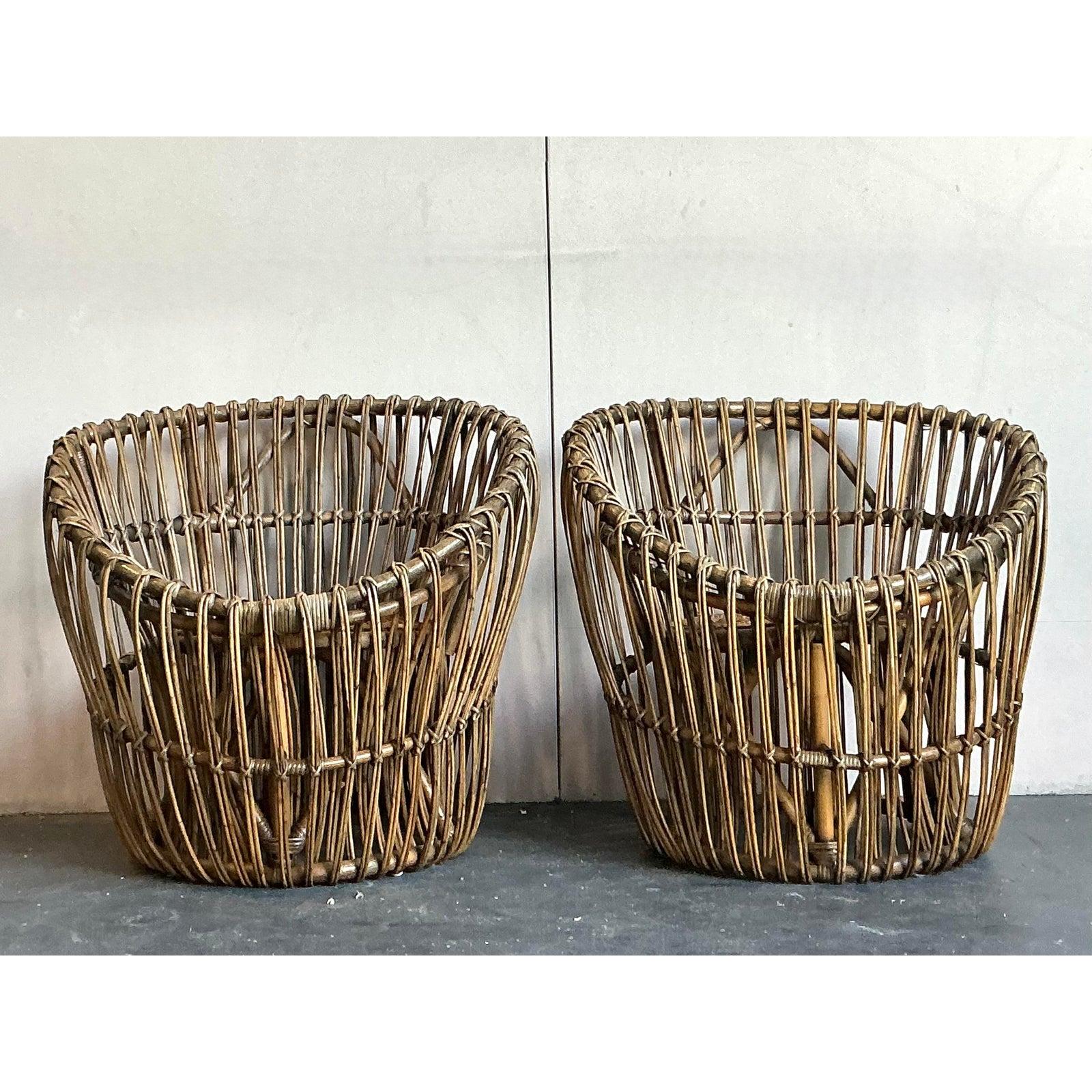 Bamboo Vintage Boho Stick Rattan Nest Chairs - A Pair For Sale
