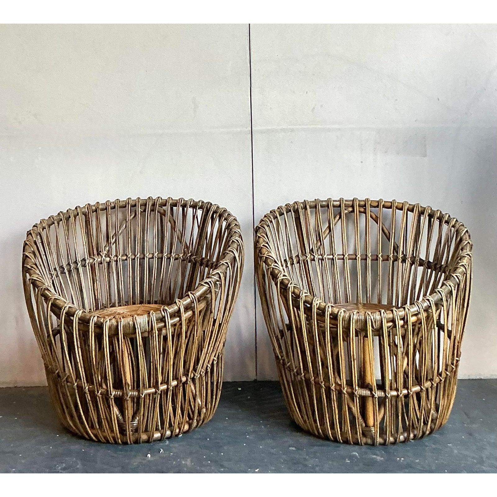 Vintage Boho Stick Rattan Nest Chairs - A Pair For Sale 1