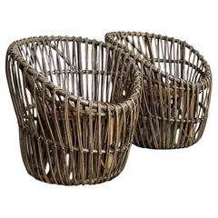 Vintage Boho Stick Rattan Nest Chairs - A Pair