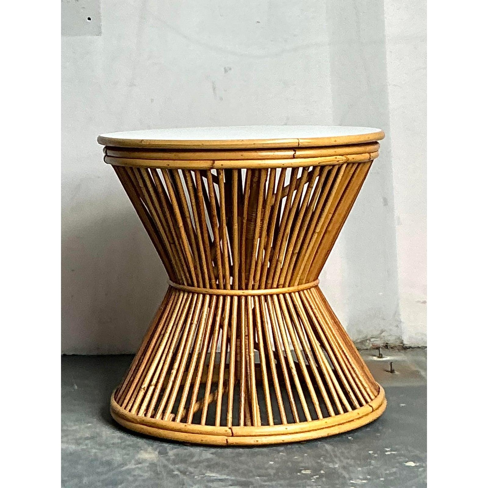 Space Age Vintage Boho Stick Rattan Side Table For Sale