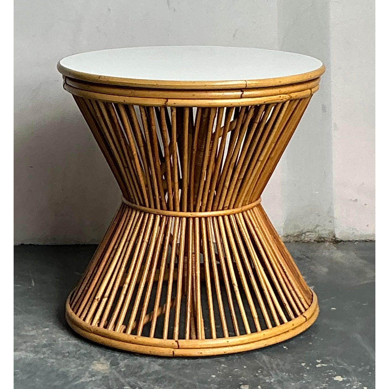 Vintage Boho Stick Rattan Side Table In Good Condition For Sale In West Palm Beach, FL