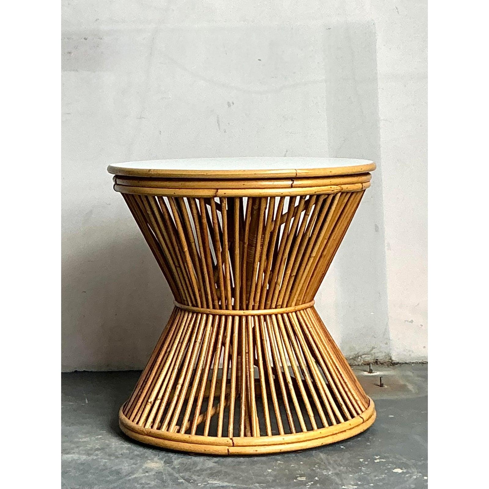 20th Century Vintage Boho Stick Rattan Side Table For Sale