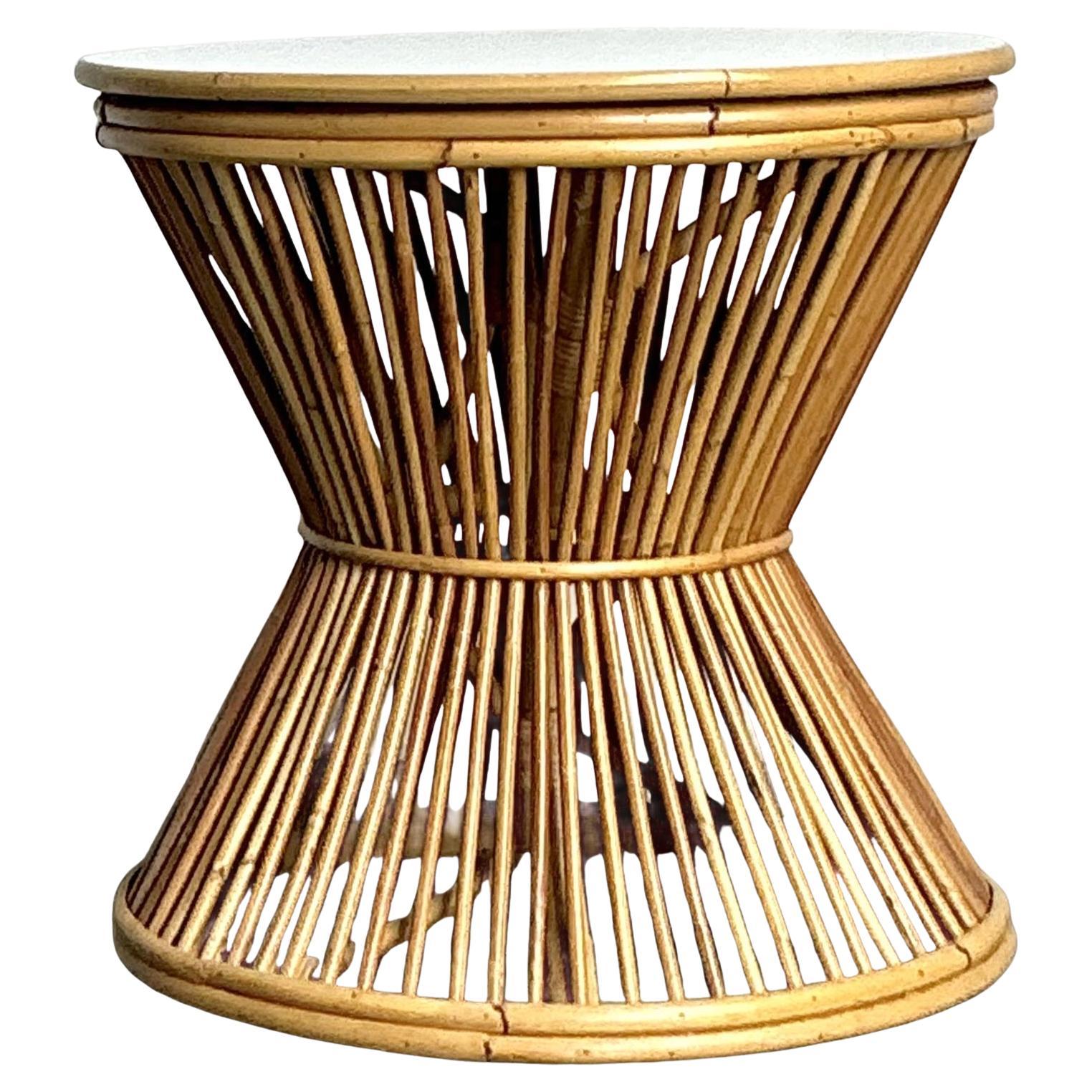 Vintage Boho Stick Rattan Side Table For Sale