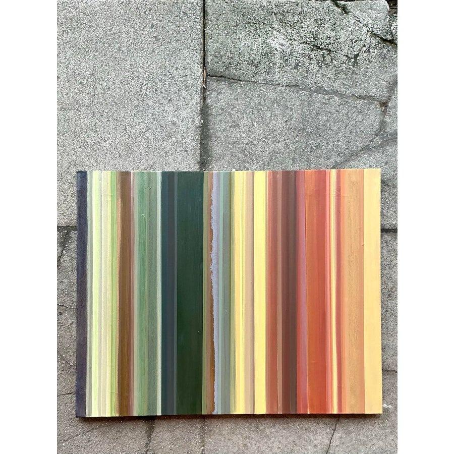 Vintage Boho gestreiftes abstraktes Original Ölgemälde auf Leinwand mit dem Titel Burnt, Vintage (amerikanisch) im Angebot
