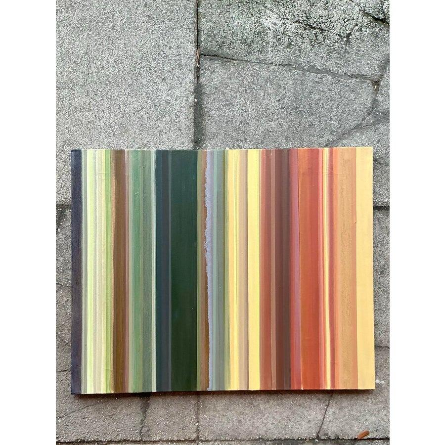 Vintage Boho gestreiftes abstraktes Original Ölgemälde auf Leinwand mit dem Titel Burnt, Vintage im Zustand „Gut“ im Angebot in West Palm Beach, FL
