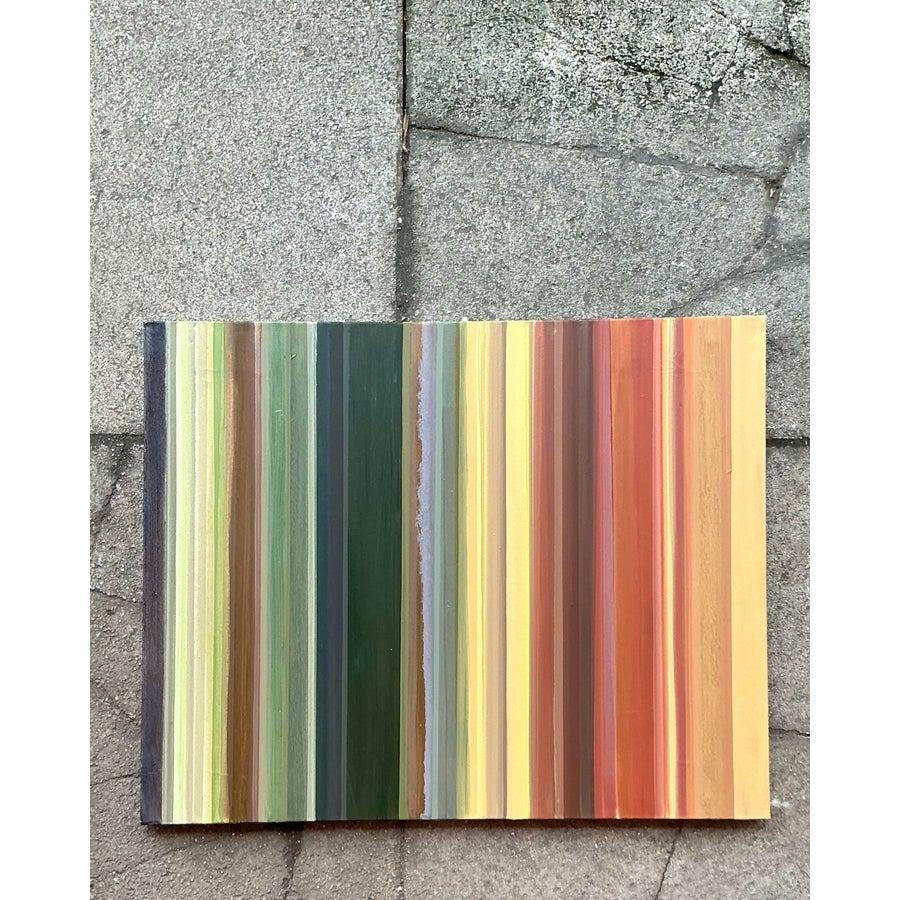 Vintage Boho gestreiftes abstraktes Original Ölgemälde auf Leinwand mit dem Titel Burnt, Vintage (21. Jahrhundert und zeitgenössisch) im Angebot