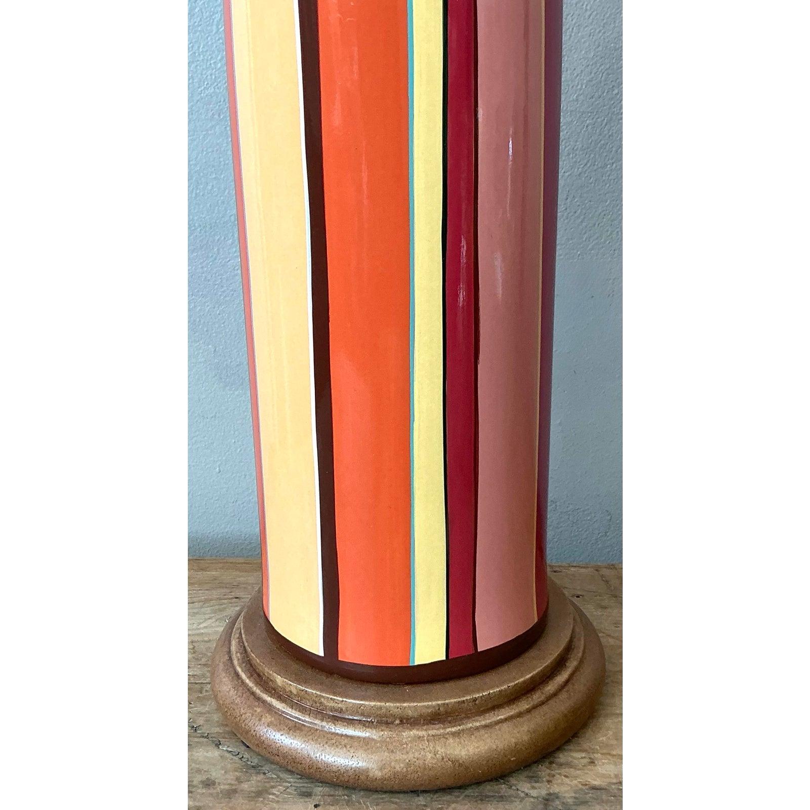 American Vintage Boho Striped Glazed Ceramic Lamp For Sale