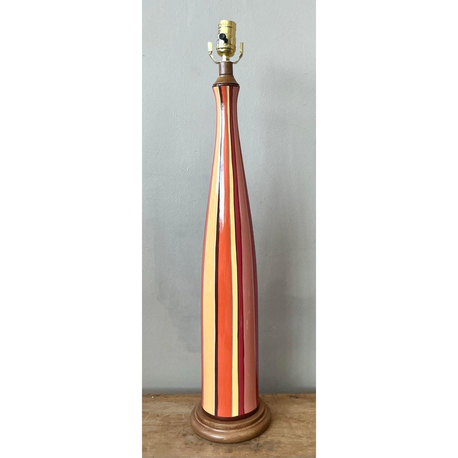 20th Century Vintage Boho Striped Glazed Ceramic Lamp For Sale
