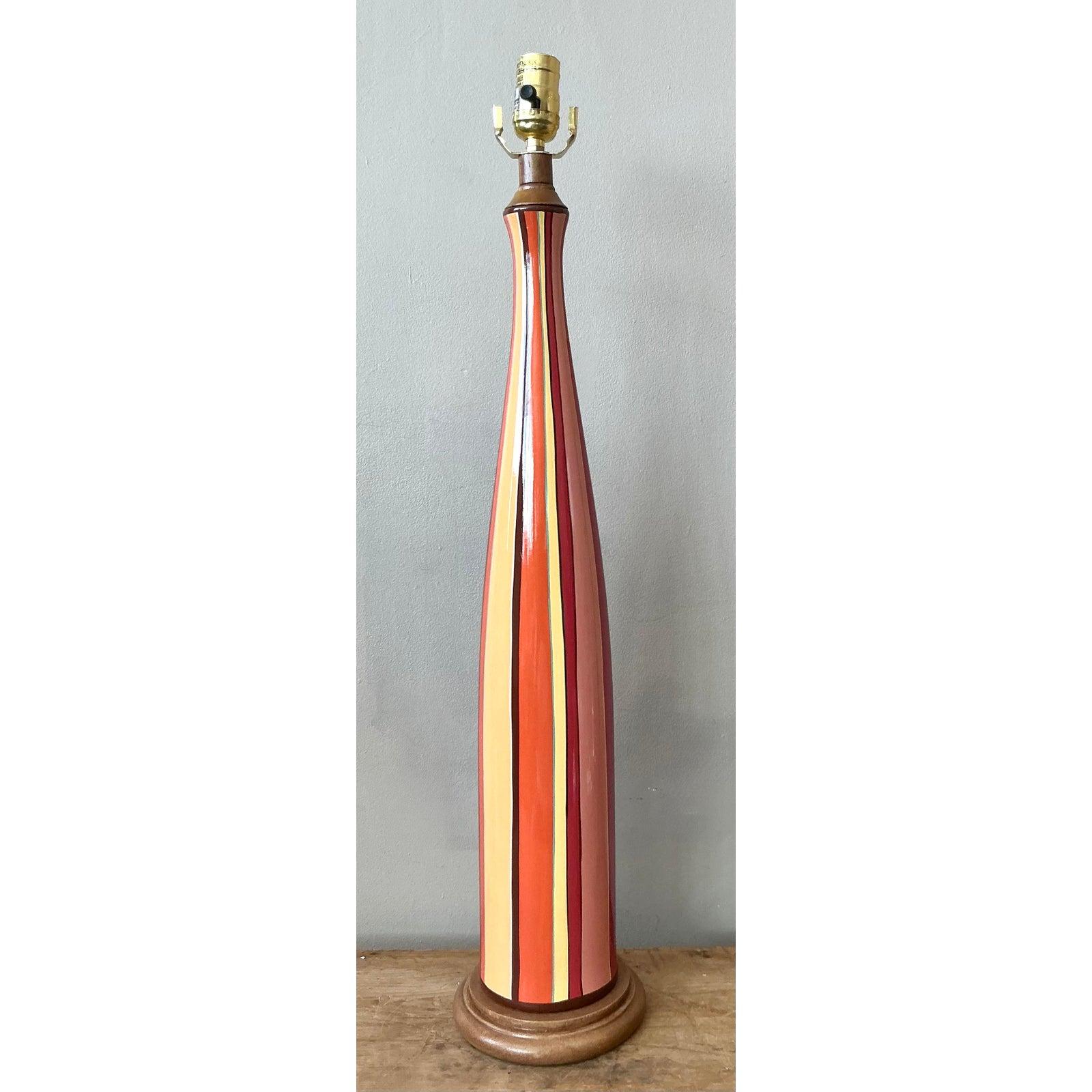 Brass Vintage Boho Striped Glazed Ceramic Lamp For Sale