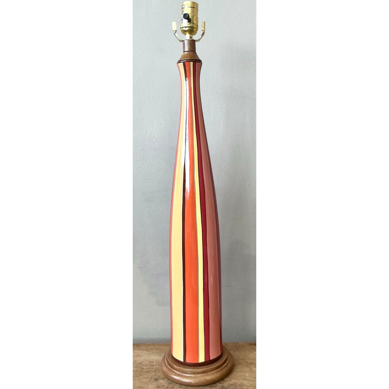 Vintage Boho Striped Glazed Ceramic Lamp For Sale 1