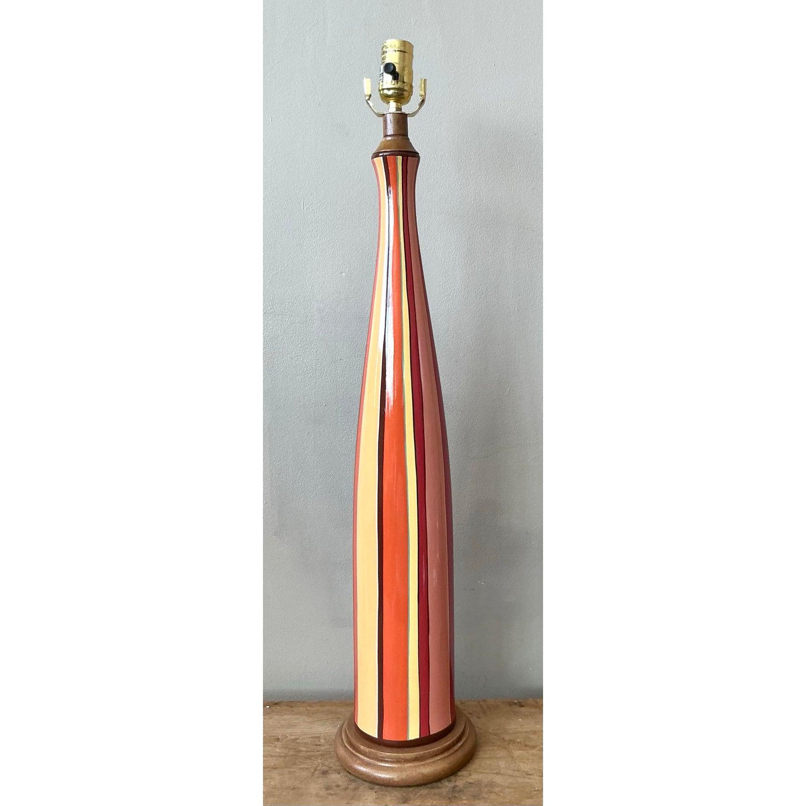 Vintage Boho Striped Glazed Ceramic Lamp For Sale 2