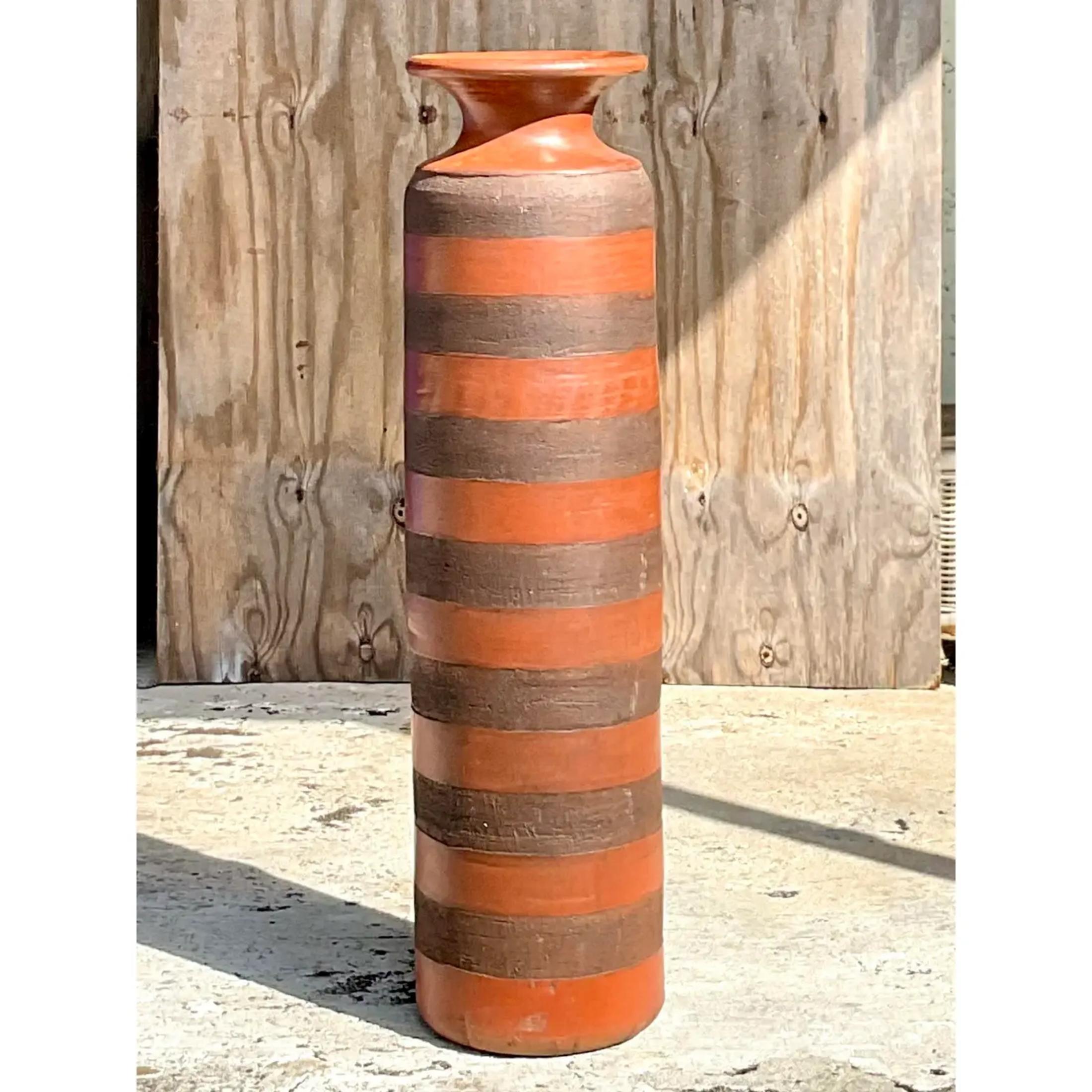 Vintage Boho Striped Pottery Floor Vase In Good Condition In west palm beach, FL