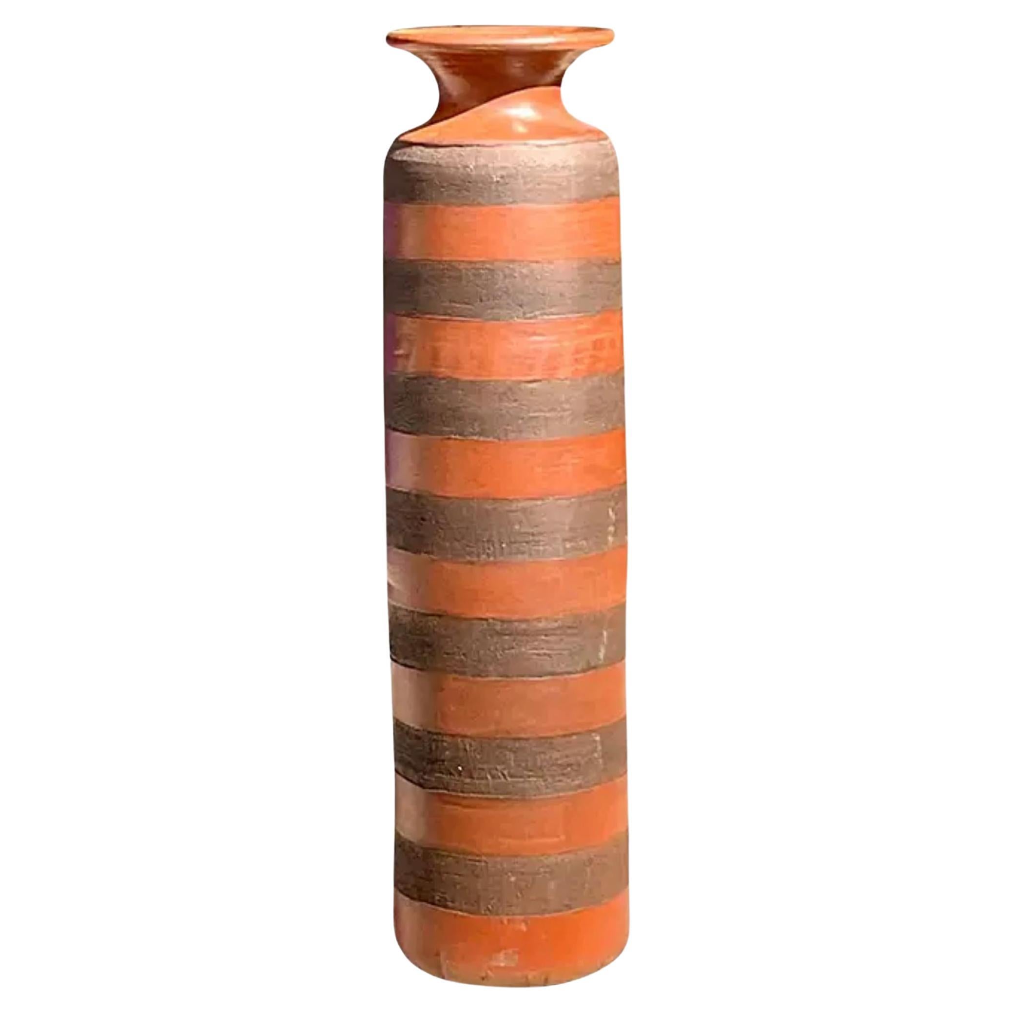 Vintage Boho Striped Pottery Floor Vase For Sale