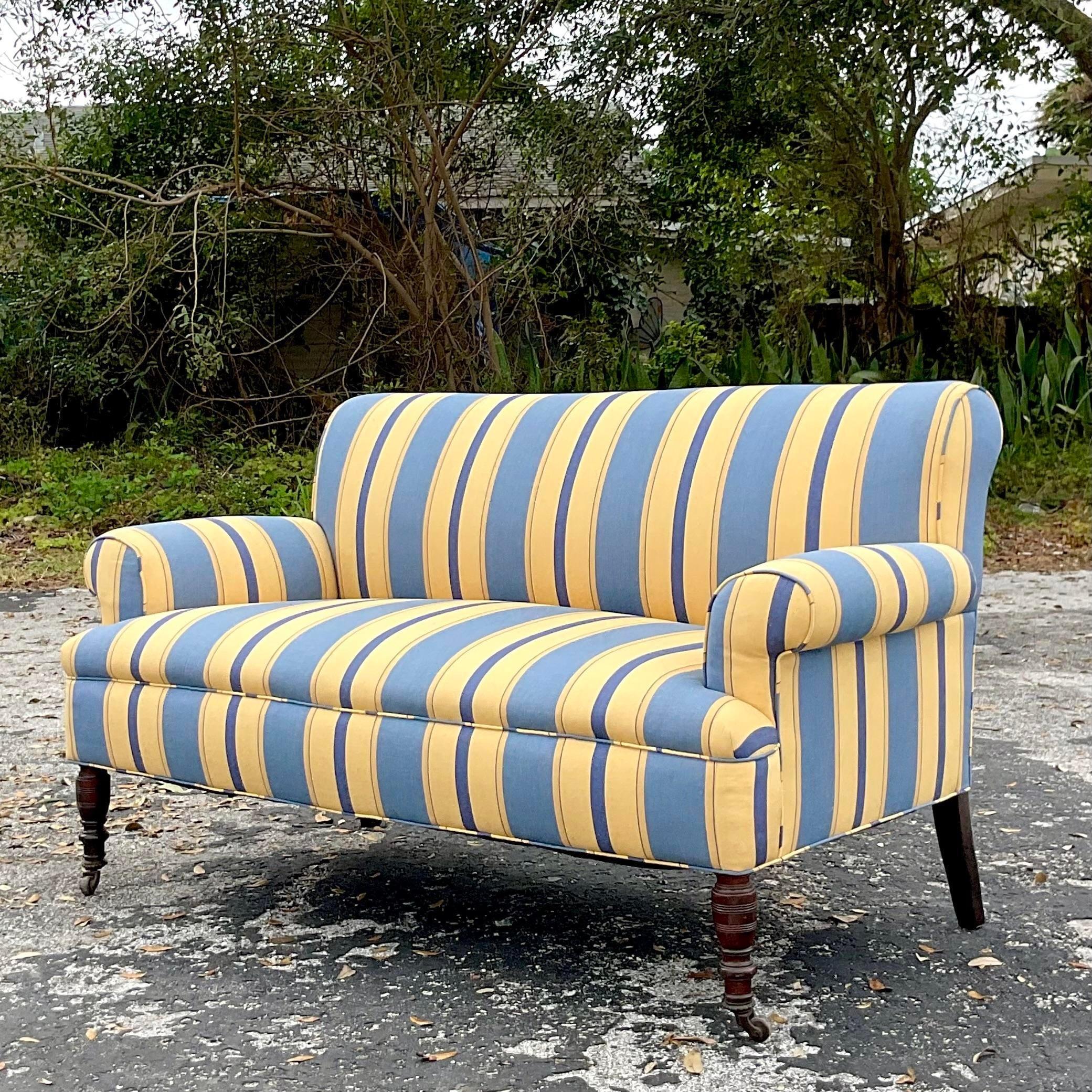 American Vintage Boho Striped Scroll Arm Sofa For Sale