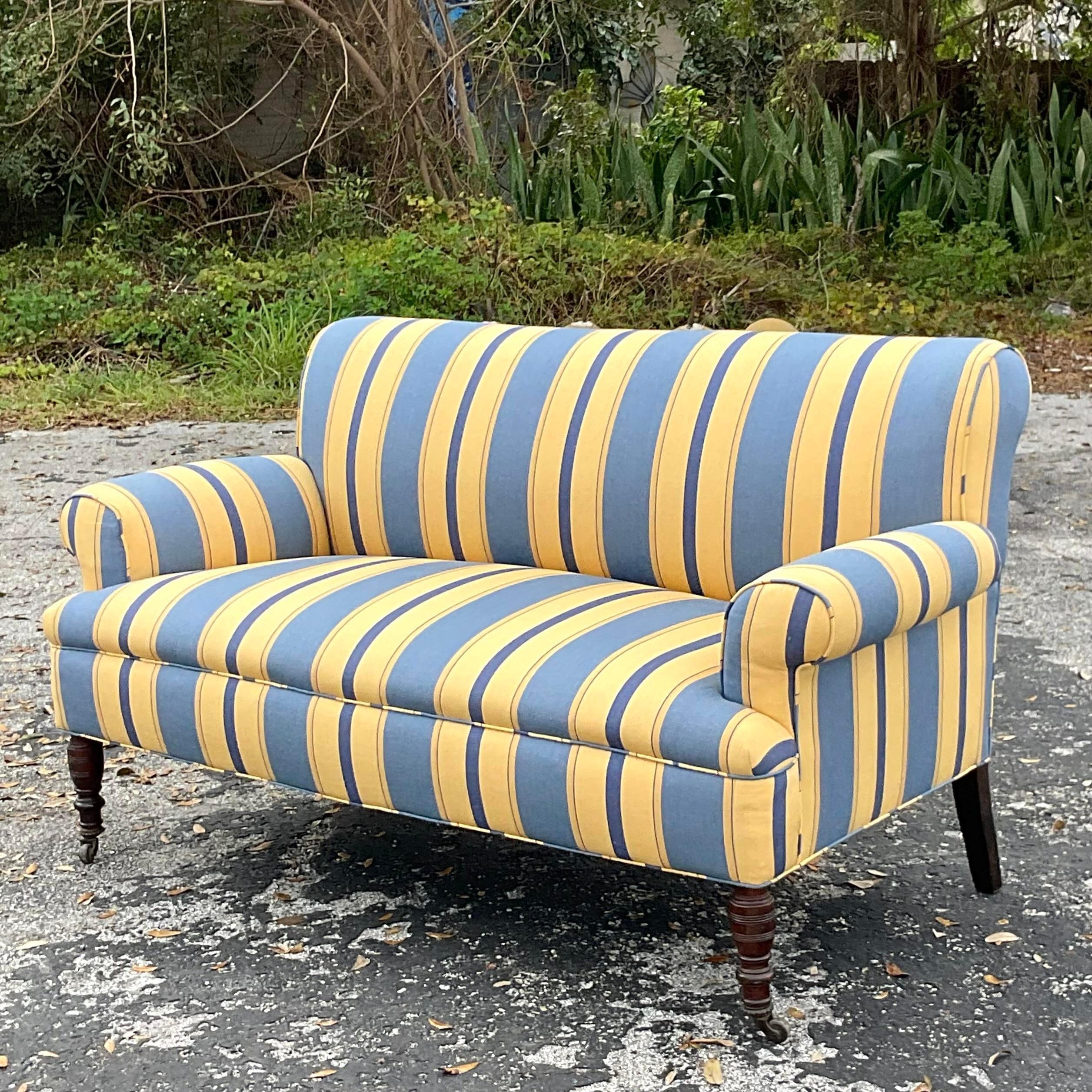 Vintage Boho Striped Scroll Arm Sofa In Good Condition For Sale In west palm beach, FL