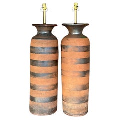 Vintage Boho Striped Terracotta Lamps - a Pair