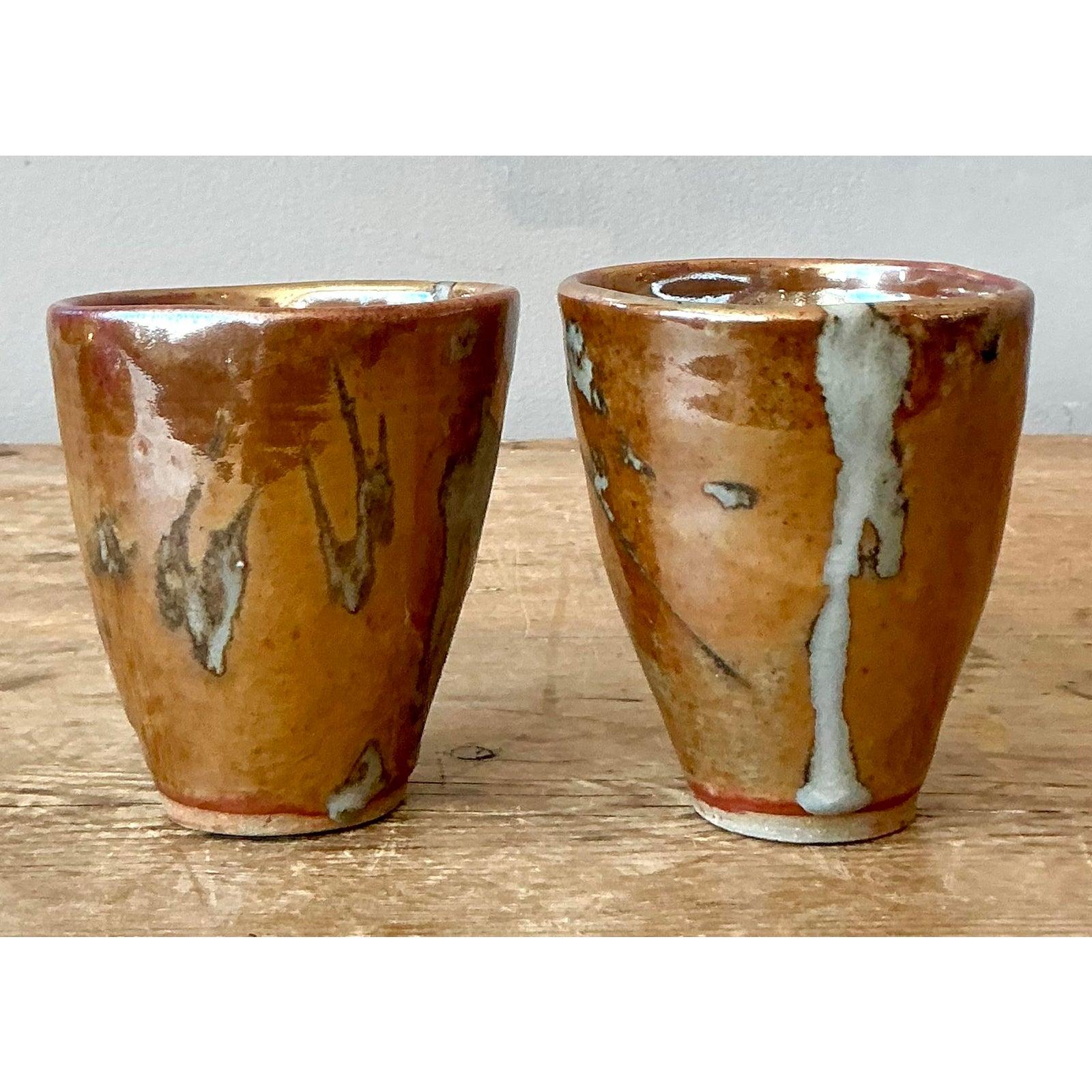 Vintage Boho Studio Pottery Cups - Set of 2 In Good Condition For Sale In West Palm Beach, FL