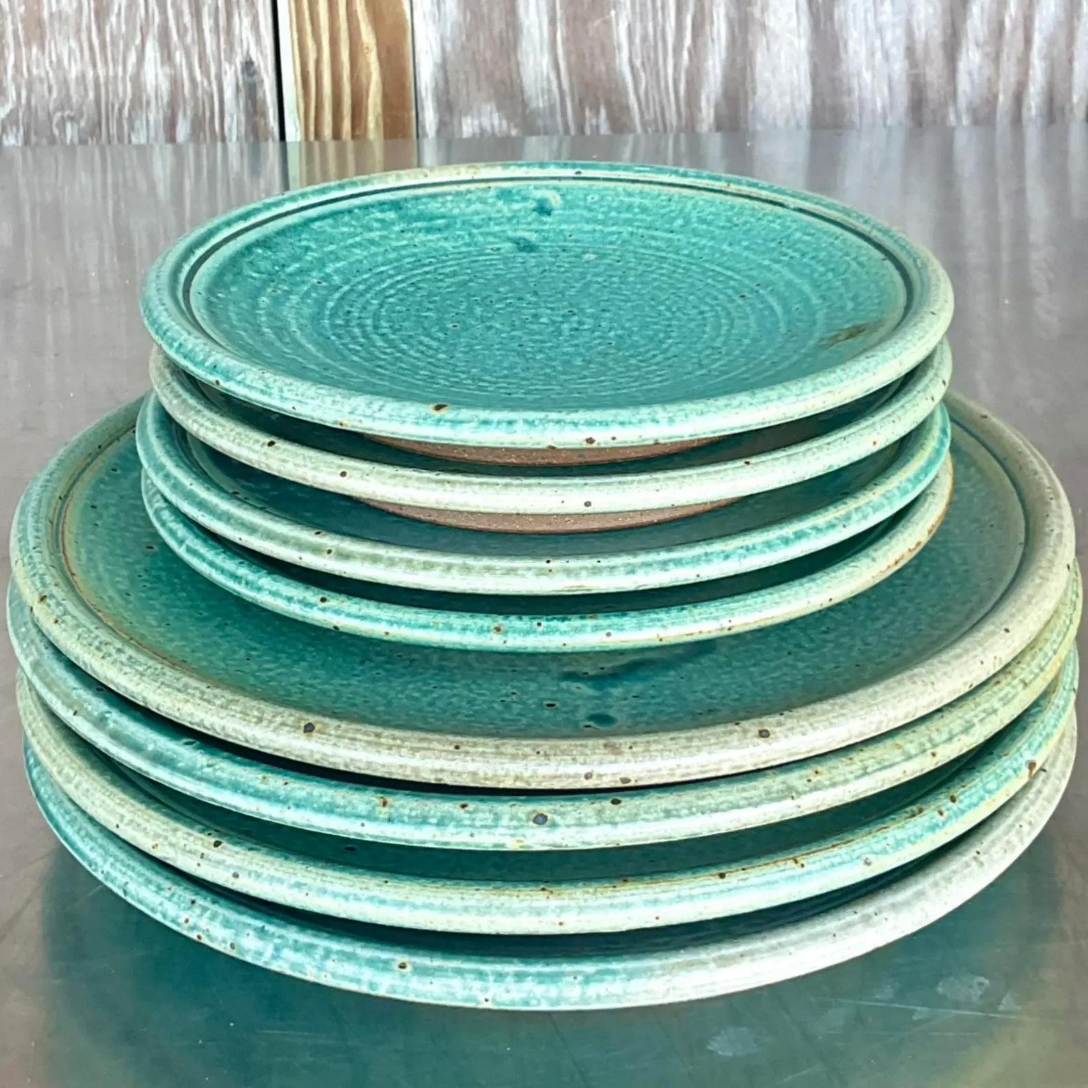 Bohemian Vintage Boho Studio Pottery Plates- Set of 8 For Sale