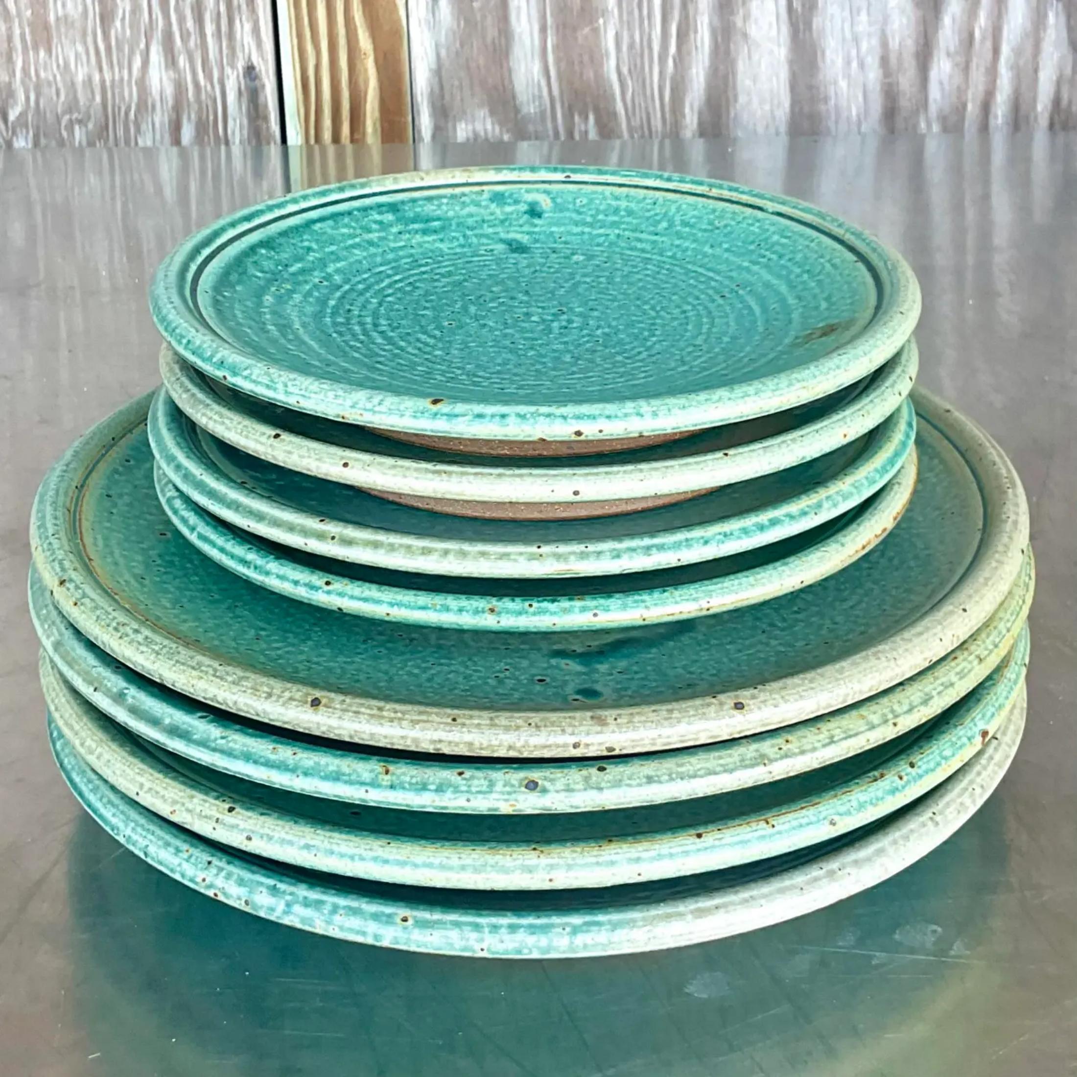 American Vintage Boho Studio Pottery Plates- Set of 8 For Sale