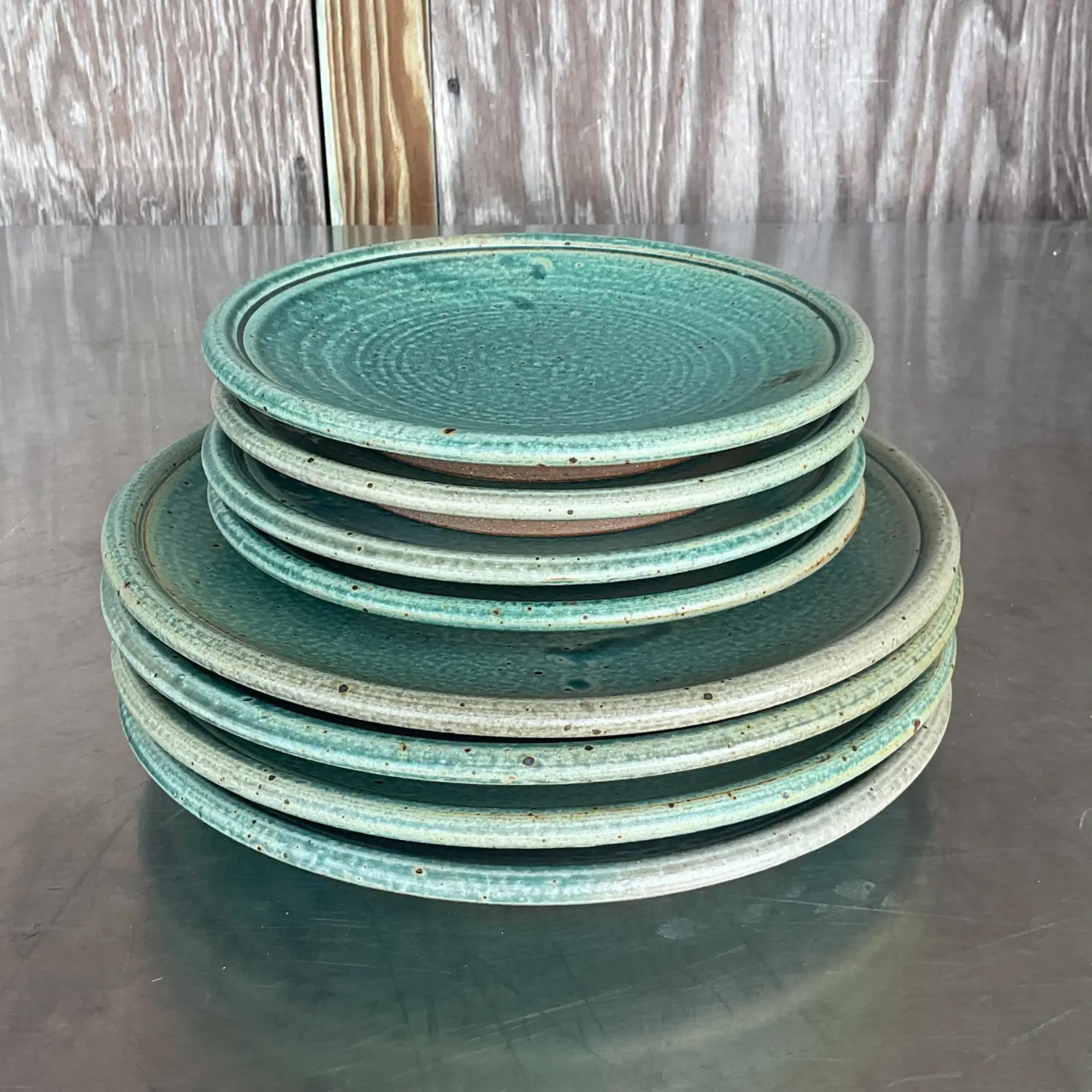 Vintage Boho Studio Pottery Plates- Set of 8 In Good Condition For Sale In west palm beach, FL