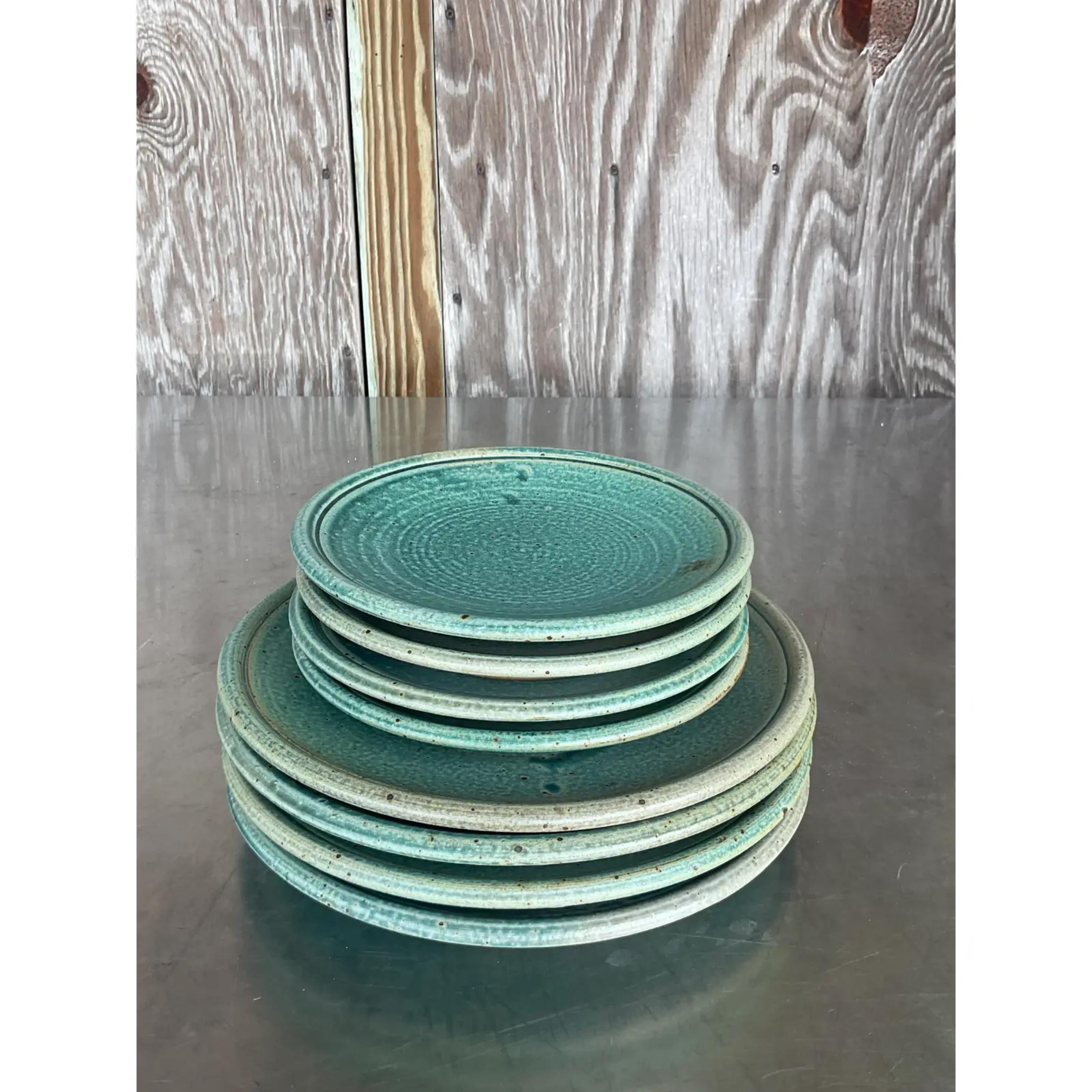 Vintage Boho Studio Pottery Plates- Set of 8 For Sale 2