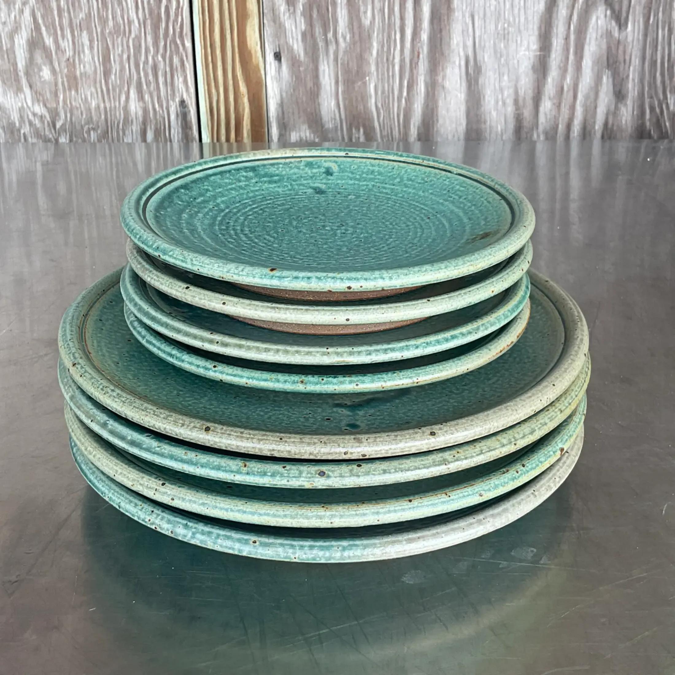 Vintage Boho Studio Pottery Plates- Set of 8 For Sale 3