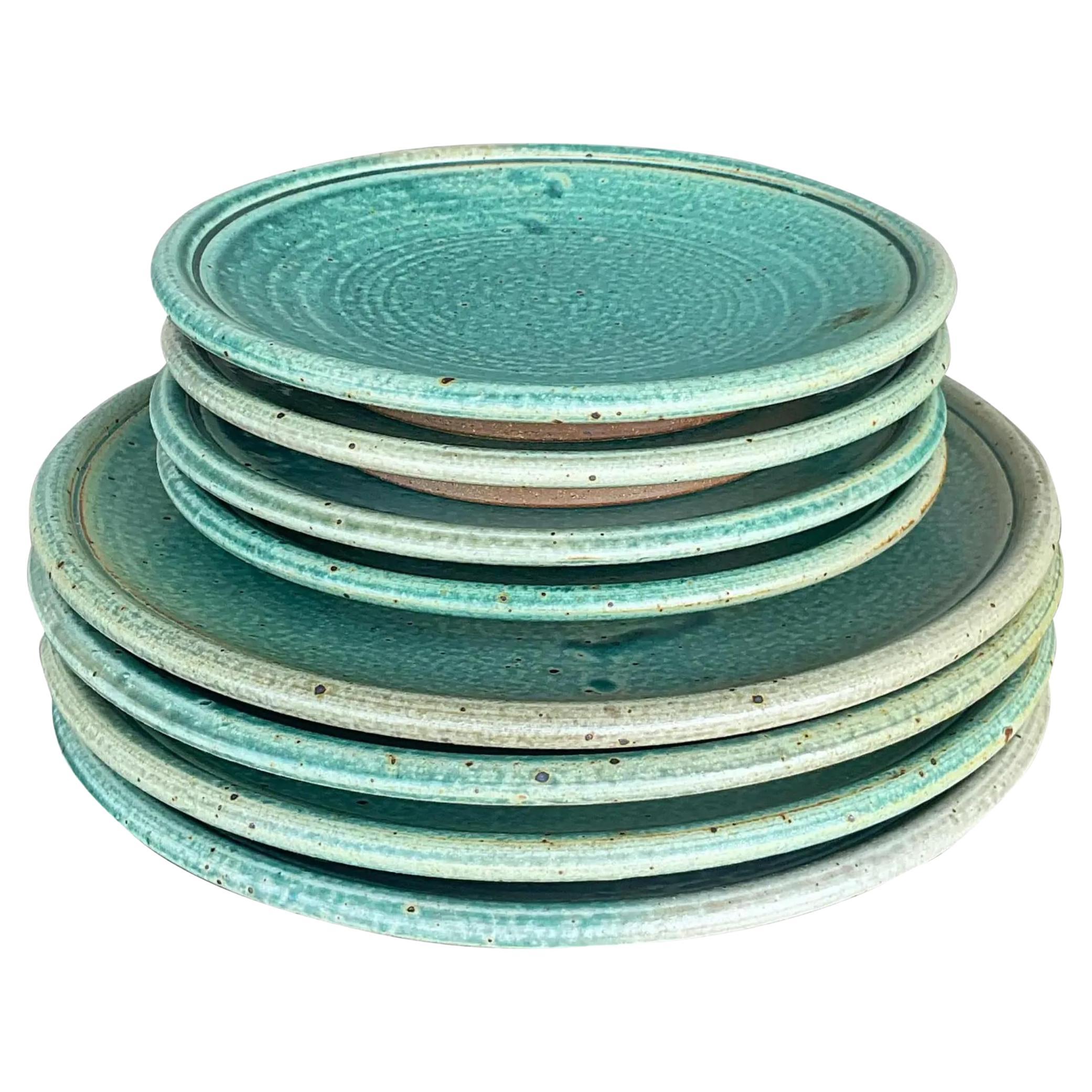 Vintage Boho Studio Pottery Plates- Set of 8 For Sale