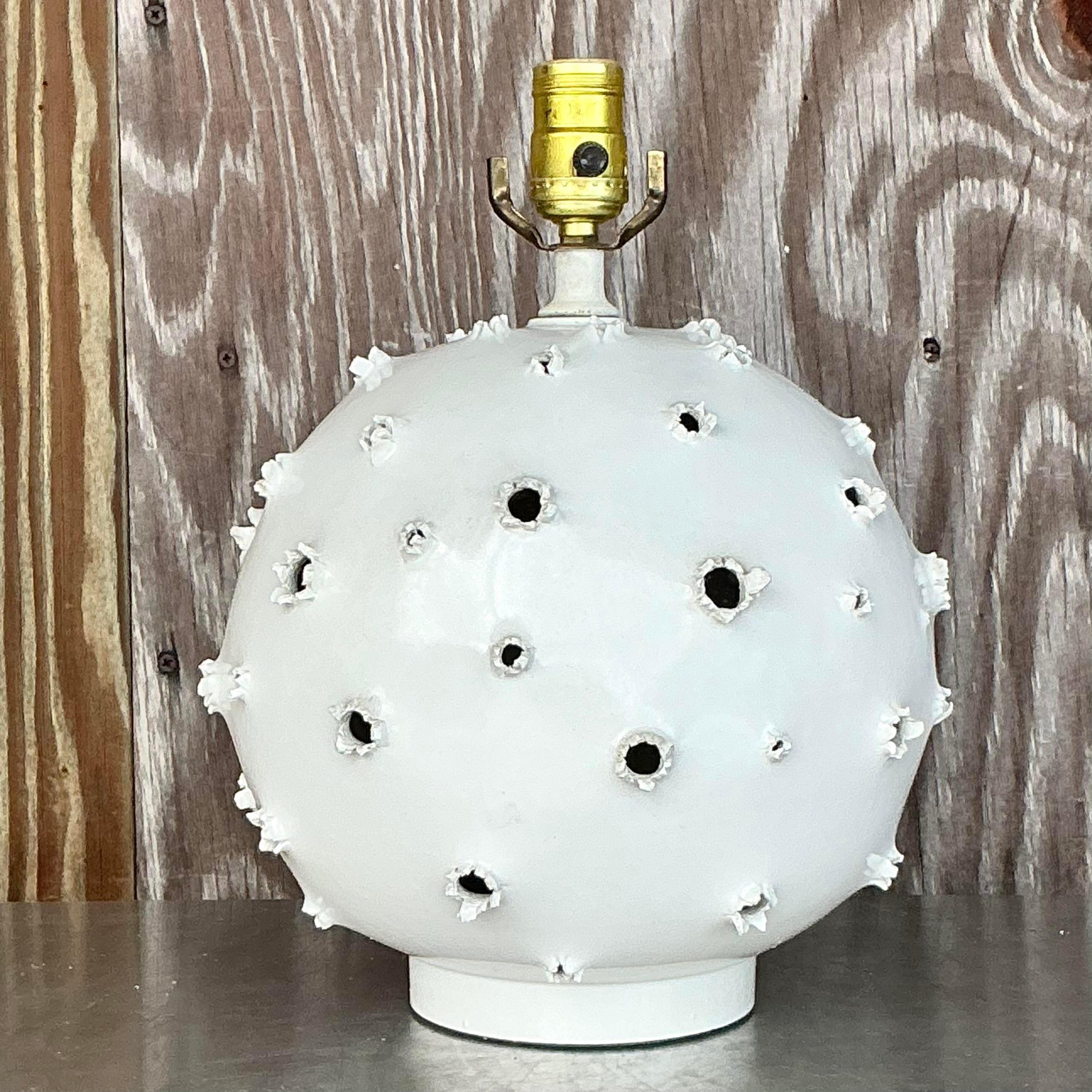 Vintage Boho Studio Pottery Punctured Lamp In Good Condition For Sale In west palm beach, FL