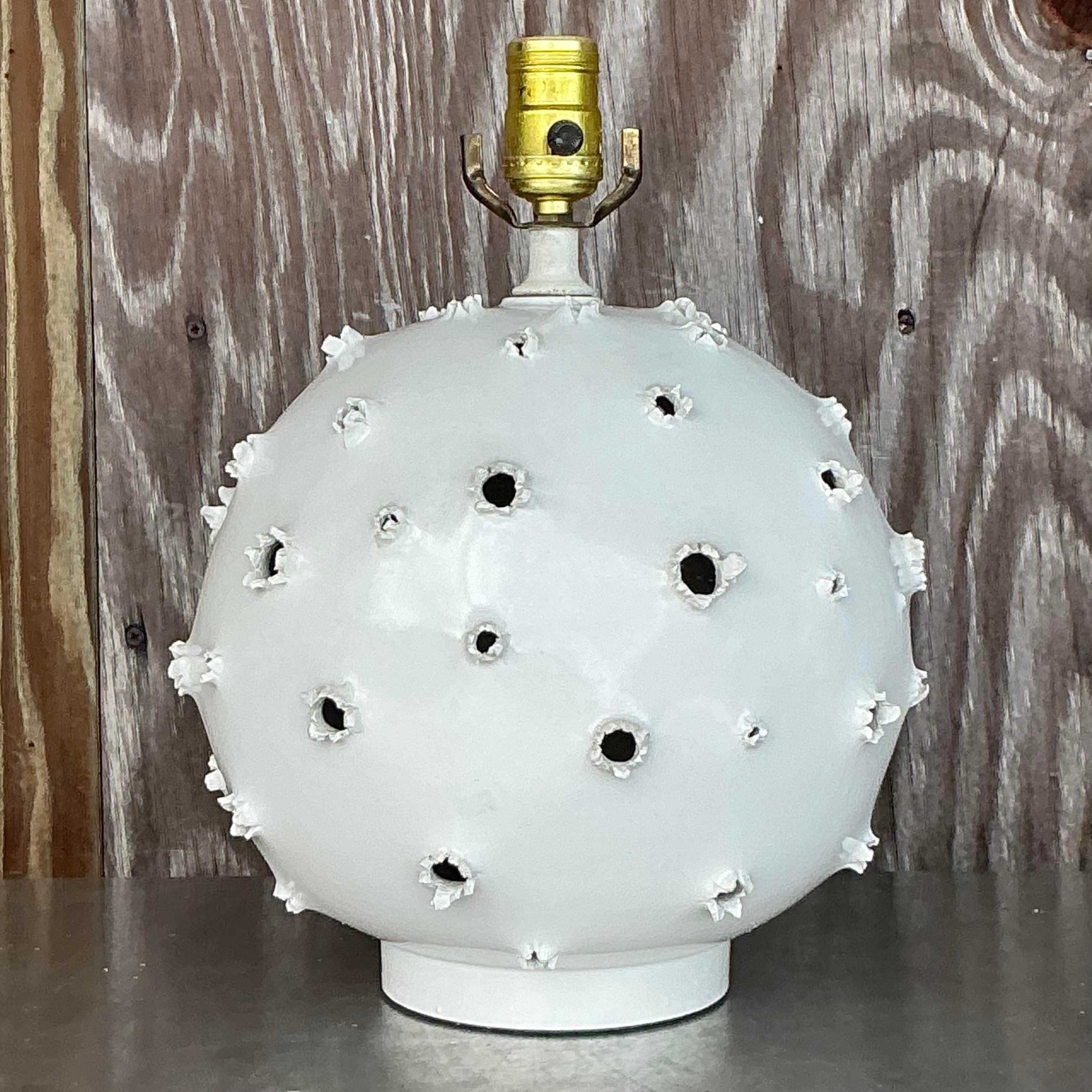 Metal Vintage Boho Studio Pottery Punctured Lamp For Sale