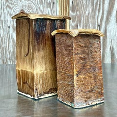 Vintage Boho Studio Pottery Square Lidded Vases - Set of 2